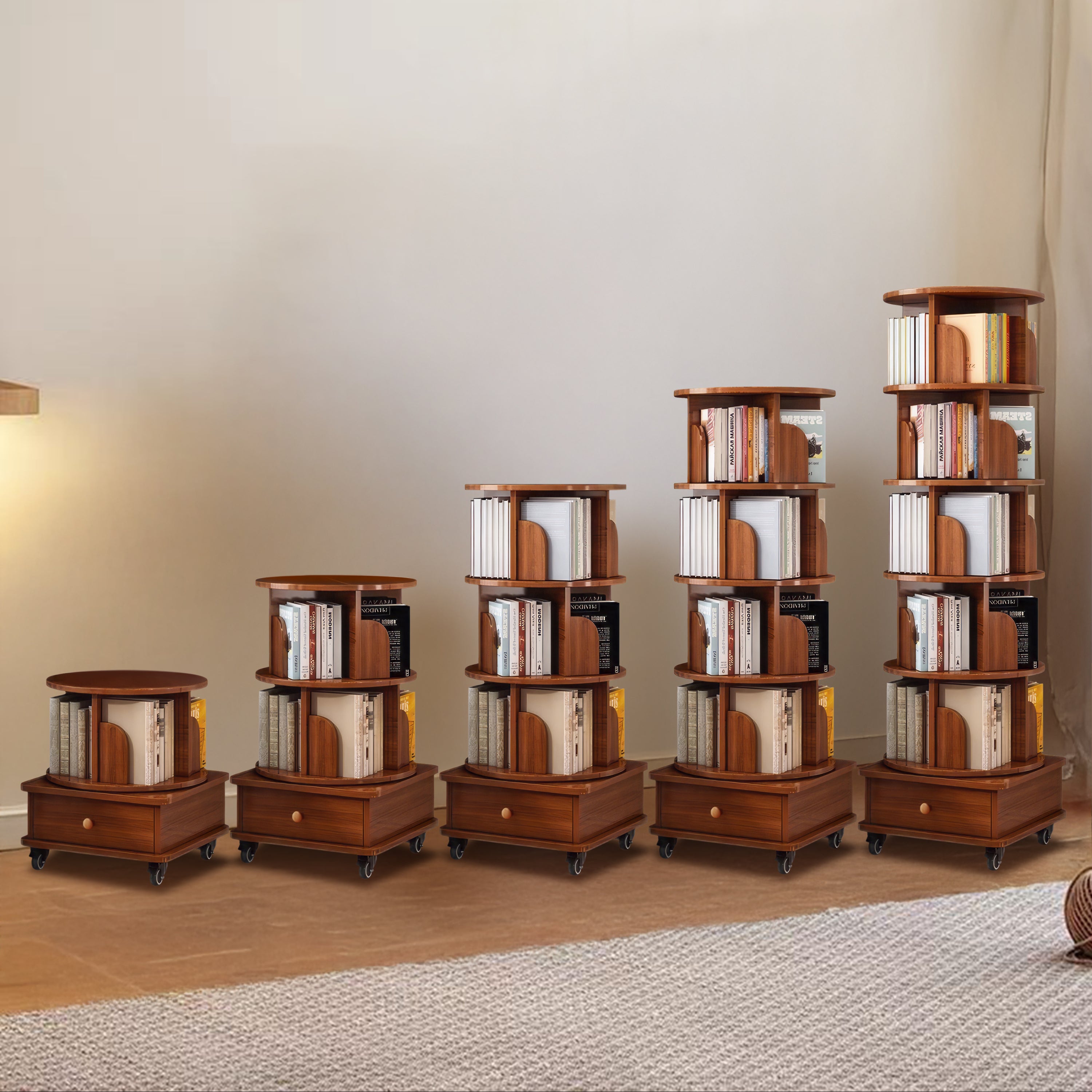 (UPGRADED) Rotating Bookshelf, 360 Display Corner Bookshelf for Small Space, 6 Tier Bookcase Storage Rack with Wheels, Wood Narrow Organizer for Bedroom, Living Room, Study Room, Walnut Brown - Grand Goldman Shop