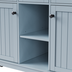 K&K 53inch Large Kitchen Island with 2 Bar Stools,Power Outlet,Door Internal Storage Rack,Kitchen Storage Cart on 5 Wheels with Drop Leaf,5 Open Side Racks,3 Drawers,Grey Blue (Three Packages) - Grand Goldman Shop