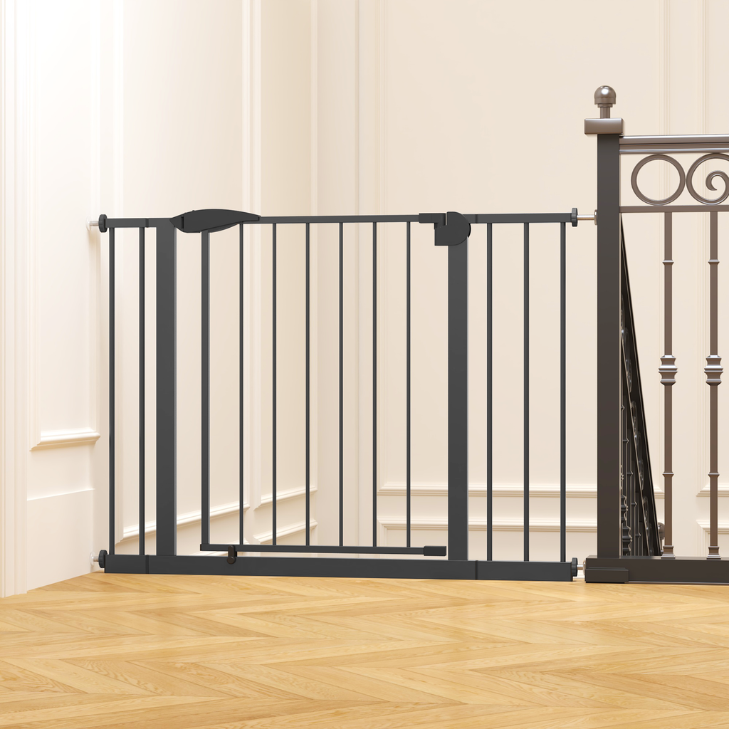 Black Pressure-Mounted Baby Gate for Stairs and Doorways, 29.5-44.1' Wide, Steel and ABS Construction, Easy Walk-Through Safe