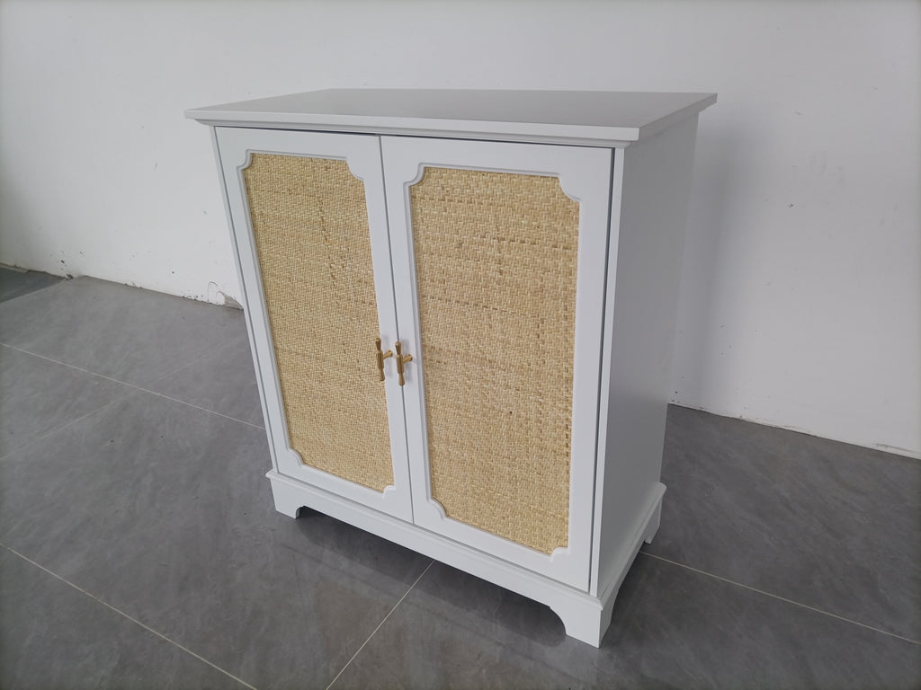 Rattan Decorated Sideboard Buffet Storage Liquor Cabinet, White Particle Board & MDF, 31.10 x 14.96 x 34.25 inches - Grand Goldman Shop