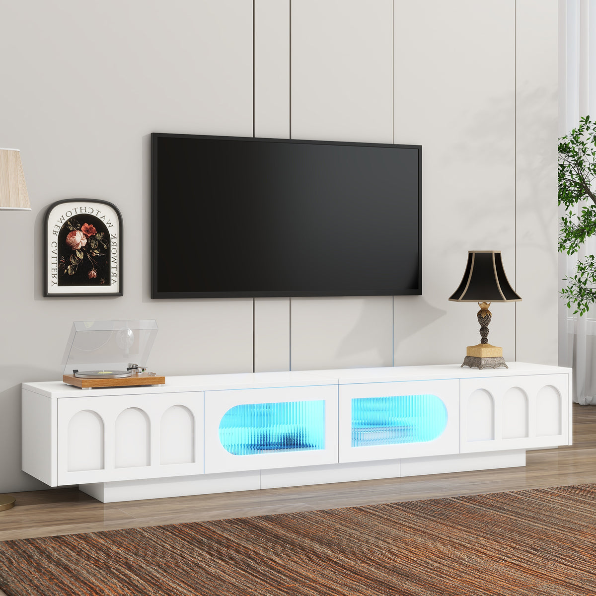 ON-TREND TV Stand with Fluted tempered Glass Doors for TVs Up to 95'', Functional Media Console with Arched Cabinet Doors, Entertainment Center with APP-Controlled LED Light for Living Room, White - Grand Goldman Shop