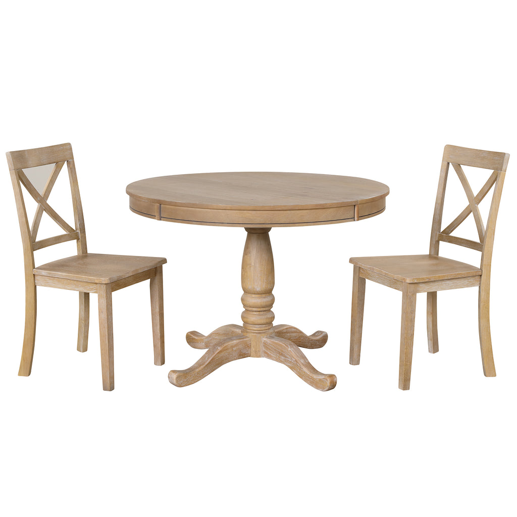 Modern Natural Wood Wash Dining Table Set for 4 with Round Table and Chairs, Solid Wood and MDF - Grand Goldman Shop