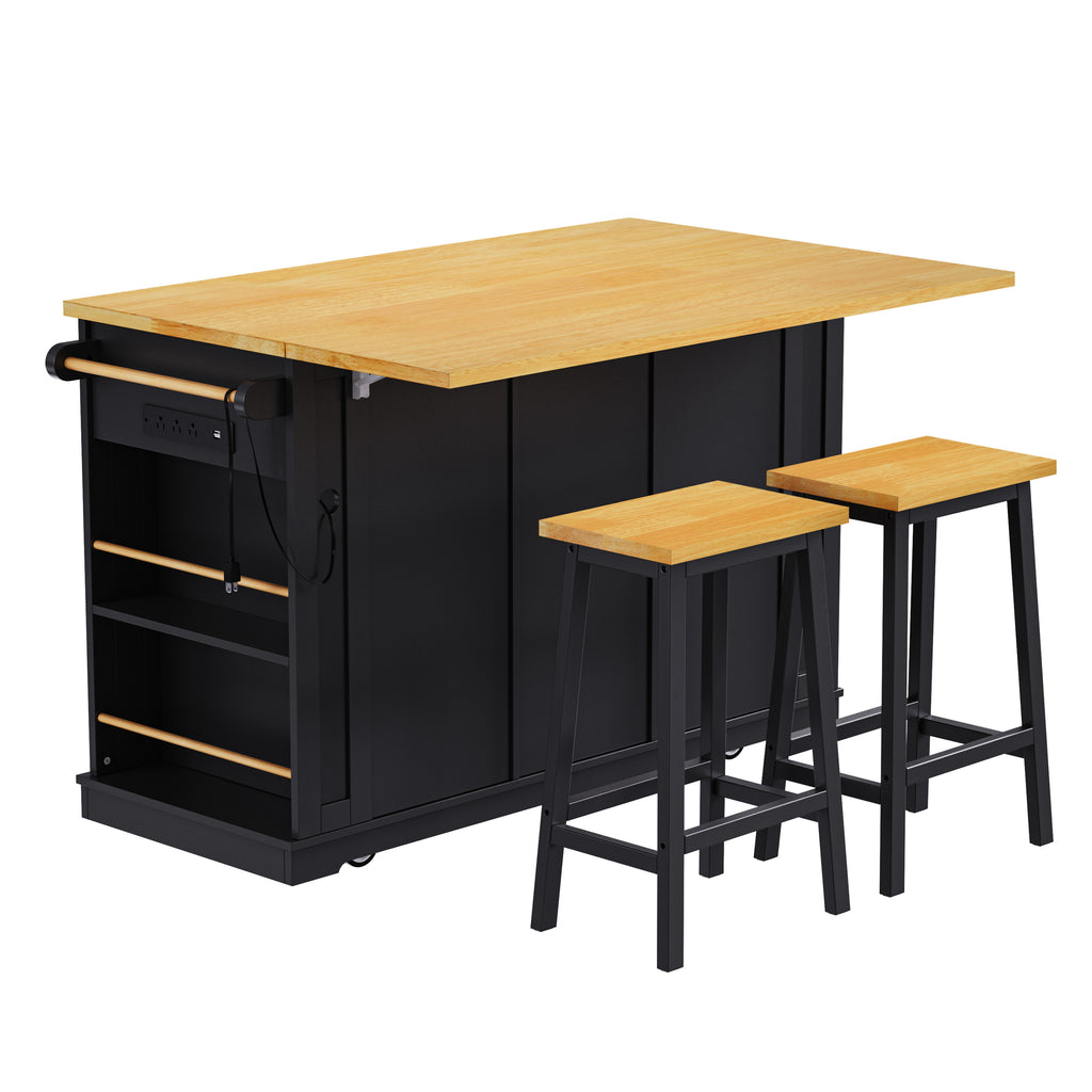 K&K 53inch Large Kitchen Island with 2 Bar Stools, Power Outlet,Door Internal Storage Rack, Kitchen Storage Cart on 5 Wheels with Drop Leaf, 5 Open Side Racks, 3 Drawers,Black (Three Packages) - Grand Goldman Shop