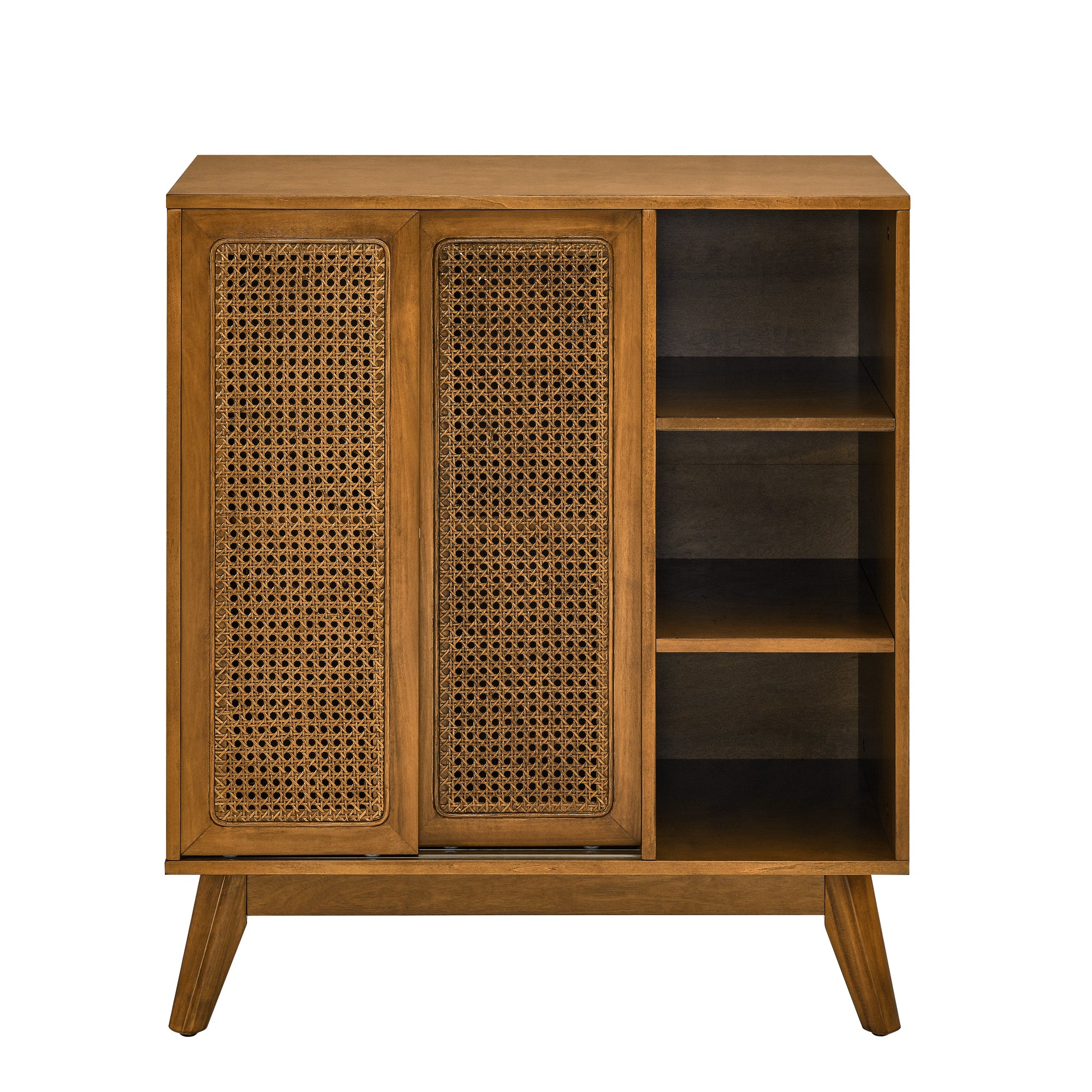 Mid Century Modern Rattan Sideboard Cabinet, Buffet Cabinet for Entryway Hallway Living Room Kitchen Dining Room, Adjustable Shelf & Solid Wood Feet & Rattan Cabinet Doors - Light Wood - Grand Goldman Shop