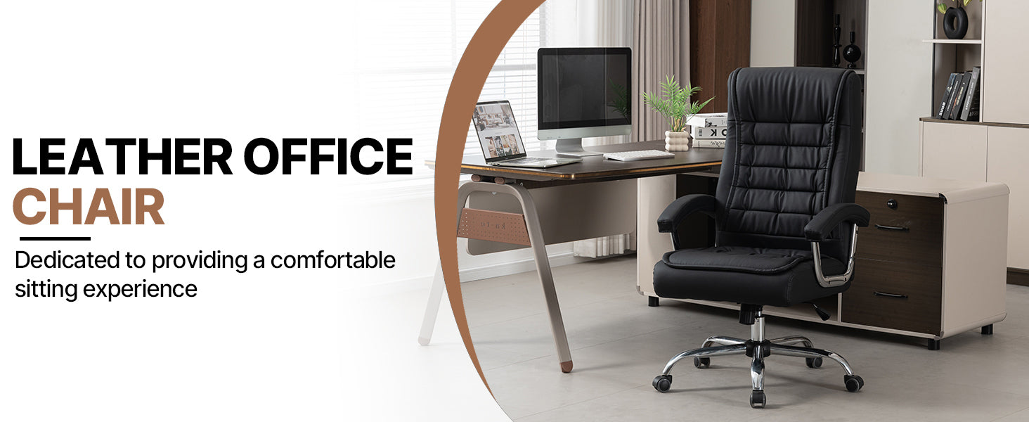 Executive Office Chair High Back PU Leather Desk Chair with Spring Seat Cushion, Ergonomic Swivel Computer Chair with Chrome 