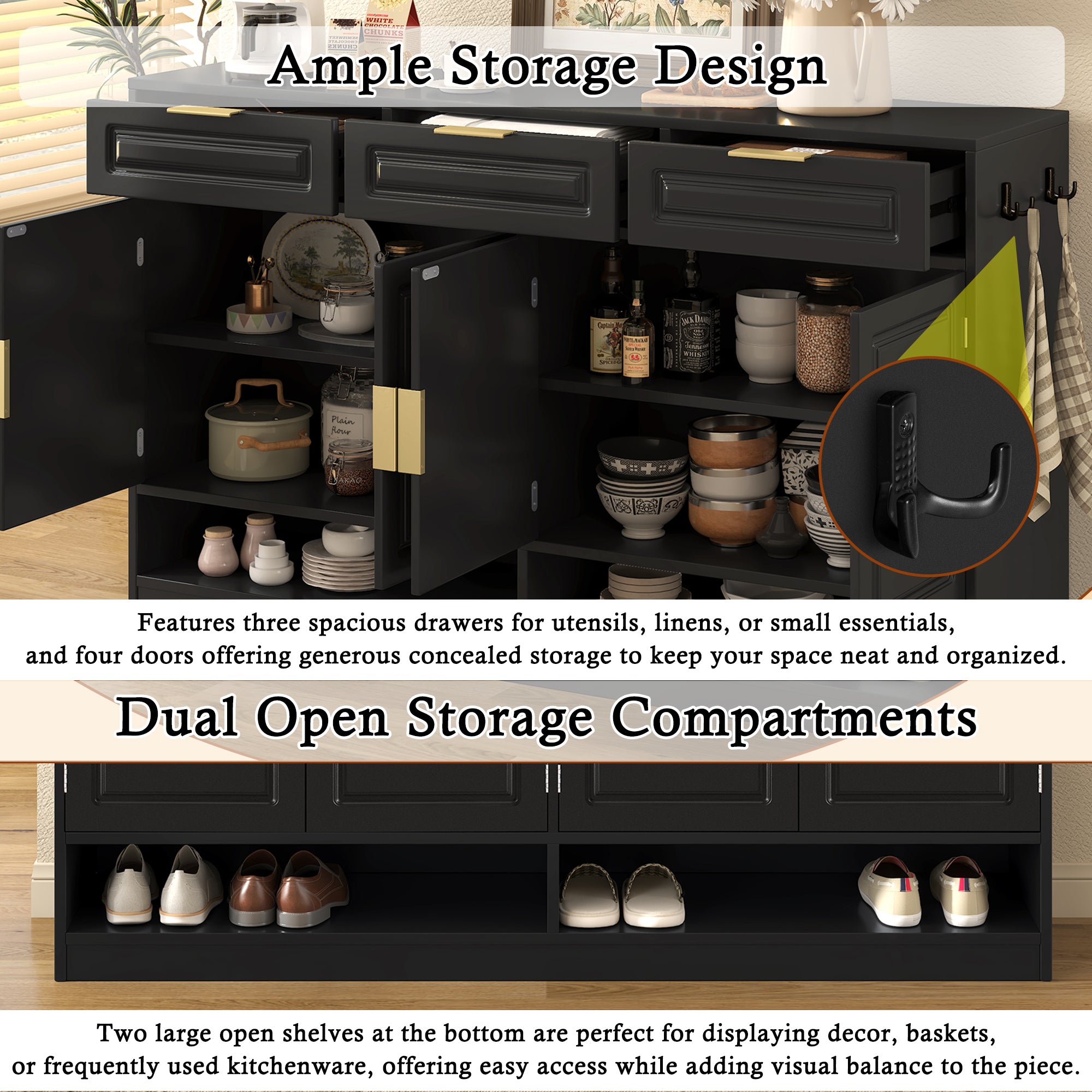 U-Style Farmhouse Sideboard with 3 Drawers & 4 Doors,59.1' Multi-Functional Storage Buffet with Adjustable Shelf and Open Storage Compartments, Suitable for Dining Room, Living Room, Entryway. - Grand Goldman Shop