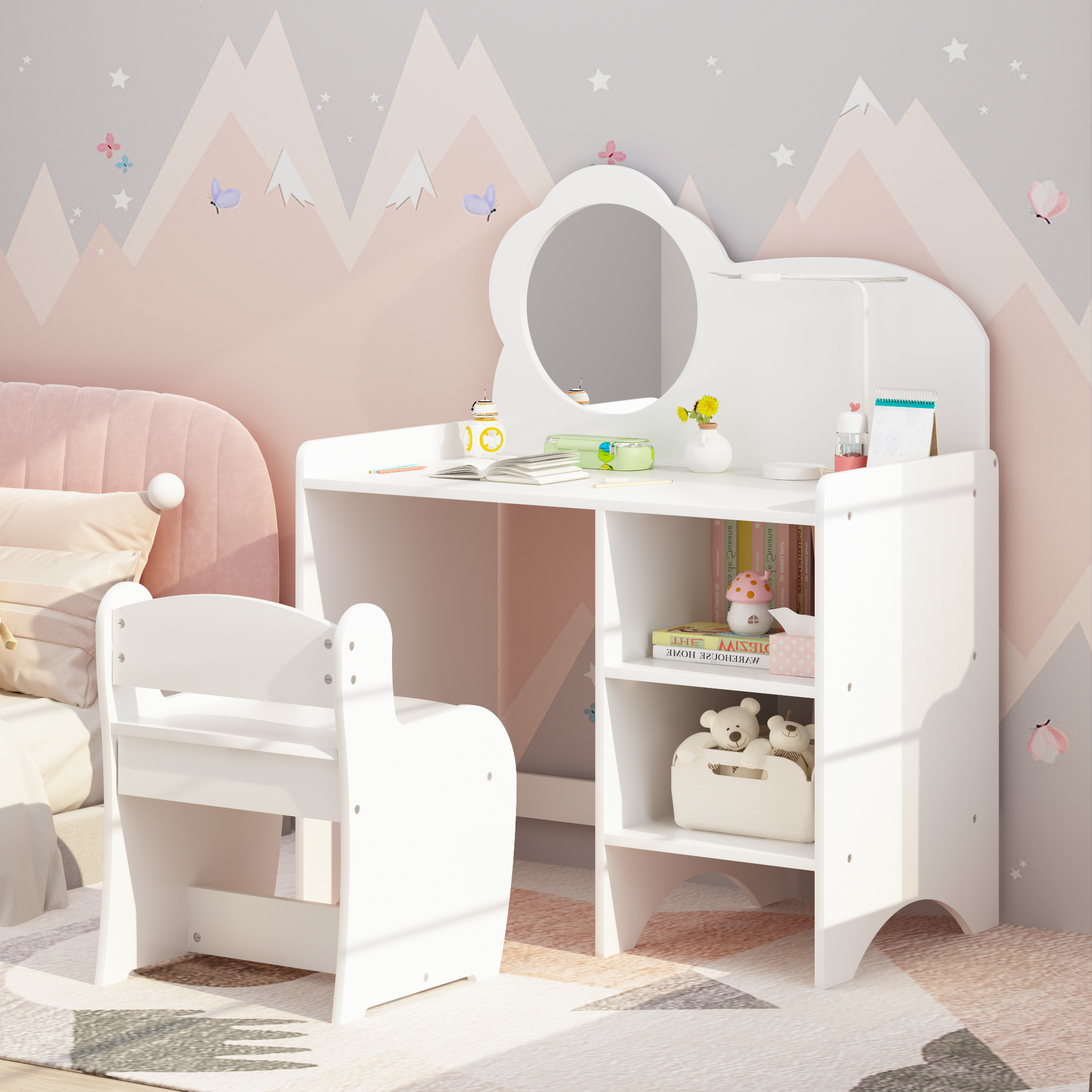 Kids Vanity Table with Mirror and Chair, Wooden Children's Dressing Makeup Desk with Storage Shelves, Study and Activity Tabl