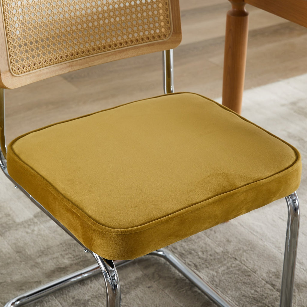 Mid Century Modern Dining Chairs Set of 2, Velvet Accent Chairs with Natural Cane Back & Stainless Chrome Base, Famous Breuer Designed Chairs, Upholstered Rattan Kitchen Chairs,Golden - Grand Goldman Shop