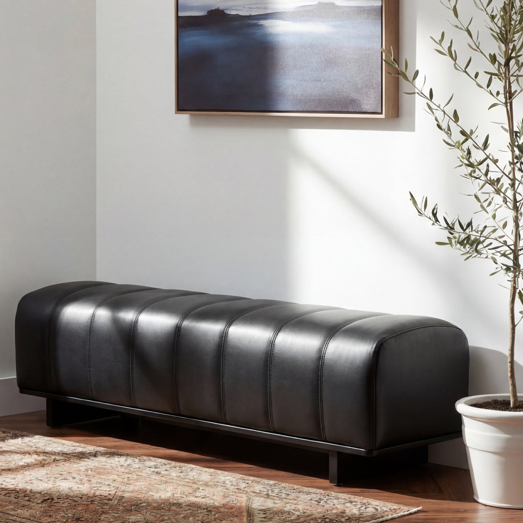 Indoor Dining Bench with Black PU Fabric Upholstery and Rubber Wood Legs, Comfortable Seating for Dining Room or Living Area - Grand Goldman Shop