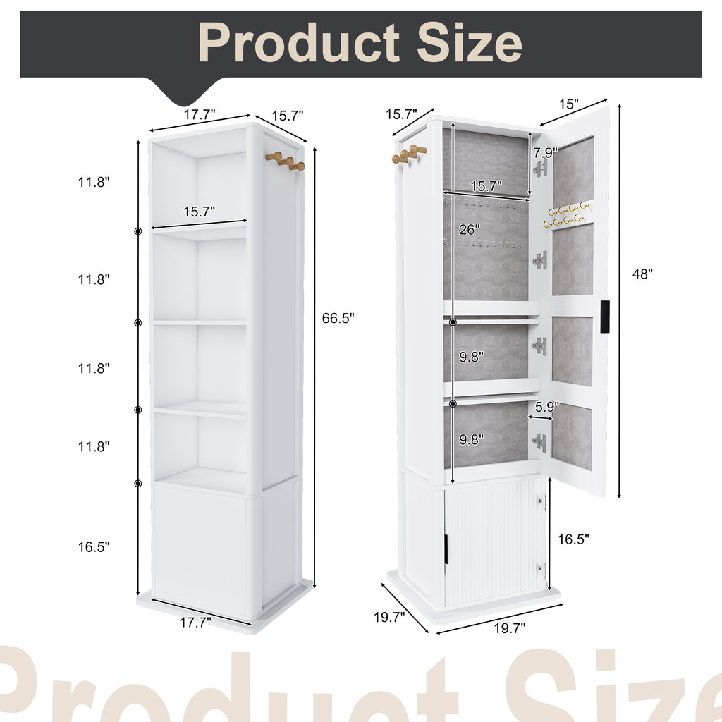 360° Rotating White Makeup Cabinet with Full-Length Mirror, Jewelry Storage, Coat Rack, 4 Open Shelves, 2 Built-In Shelves, MDF and Glass - Grand Goldman Shop