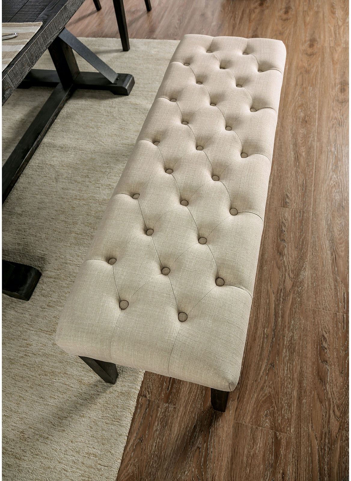 Classic Ivory 1PC BENCH Button Tufted Linen Like Fabric Solid wood Chair Upholstered Seat Breakfast Rustic Dining Room Furniture - Grand Goldman Shop