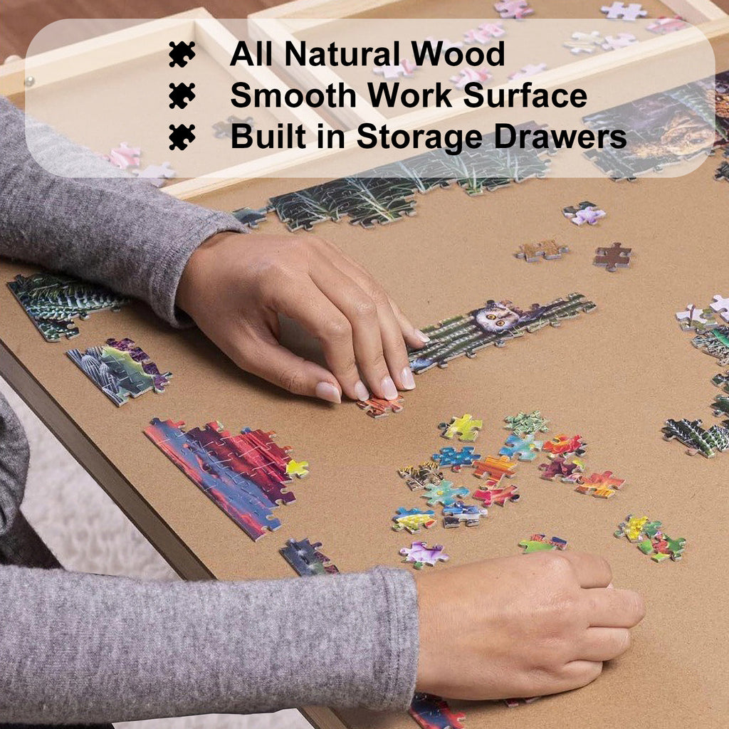 27' H Tall 1500 Piece Puzzle Table with Legs, 5 Drawers, 34' W x 26' D Large Wood Folding Jigsaw Puzzle Board for Adults, Nat