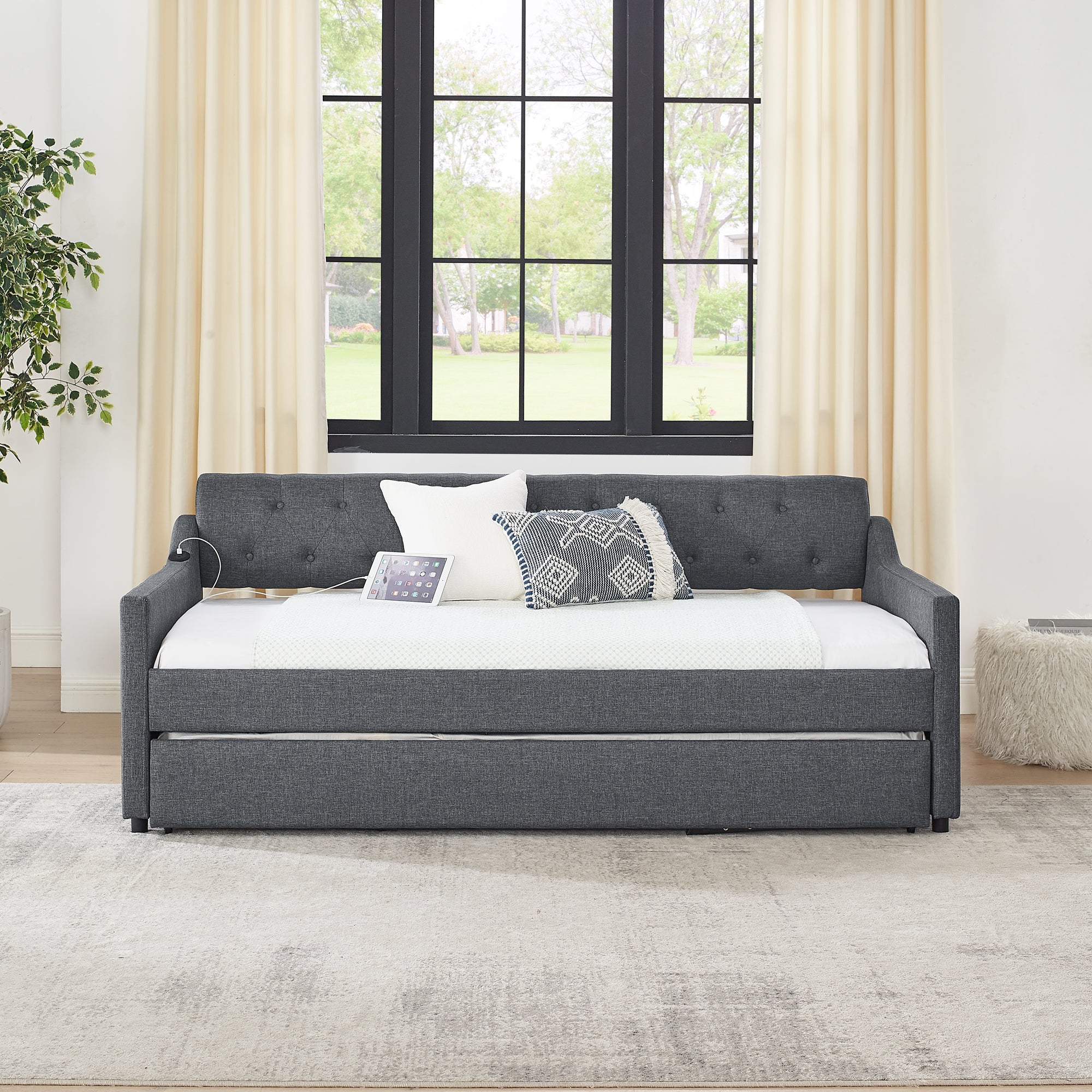 Twin Size Upholstered Daybed with Trundle and USB Charging, Dark Gray Linen - Grand Goldman Shop