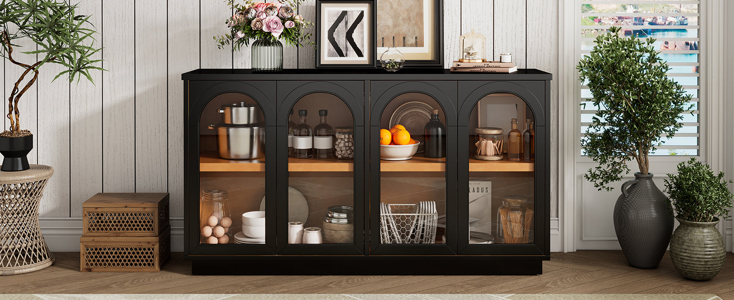TREXM 4-Door Large Storage Buffet Cabinet with Glass Doors, Arched Cabinet with Adjustable Shelves for Kitchen, Dining Room and Living Room (Black) - Grand Goldman Shop