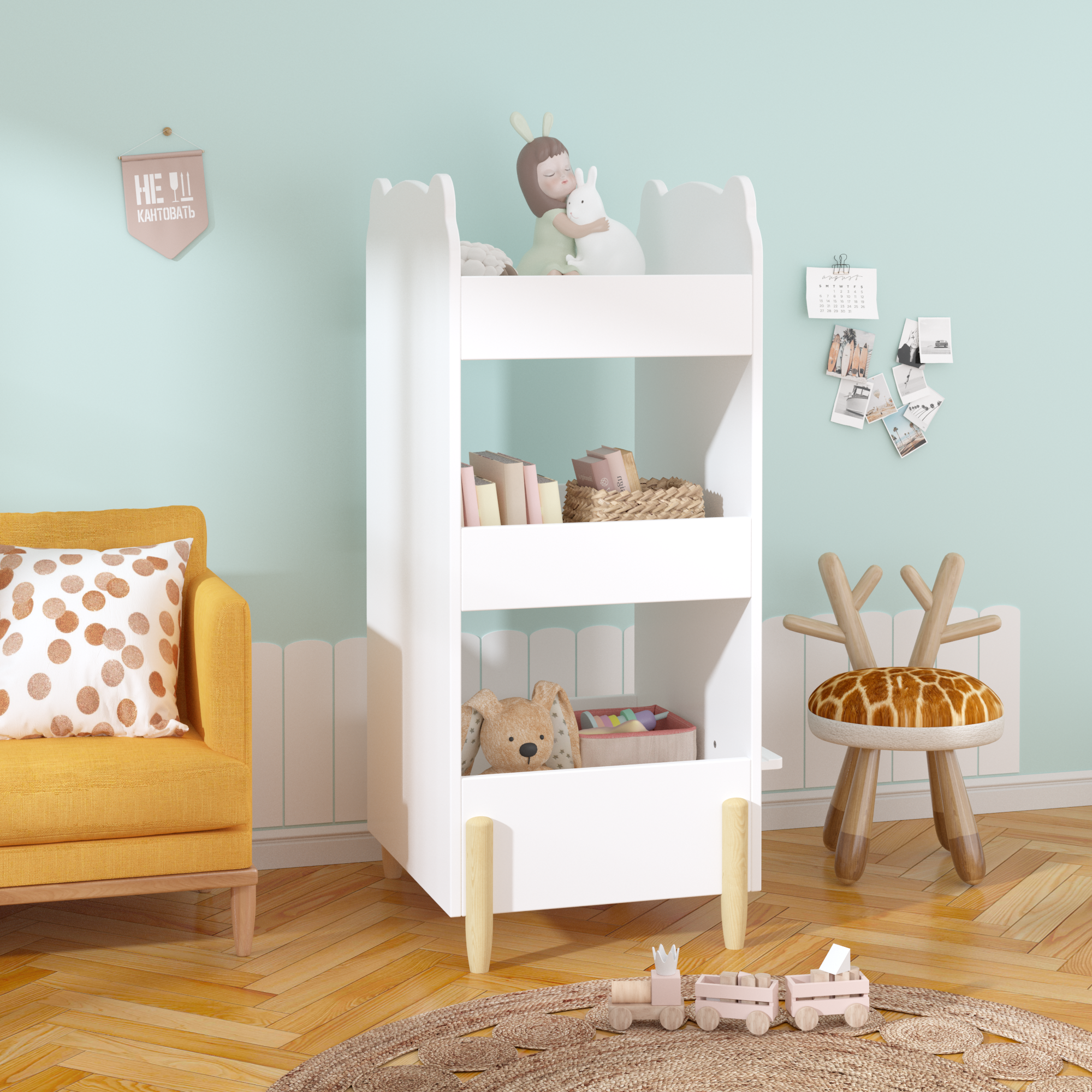 Kids Bookshelf with Chalkboard Side – Bear-Shaped Wooden Bookcase with 3-Tier Storage, Drawing Board for Toddlers, Toy and Bo