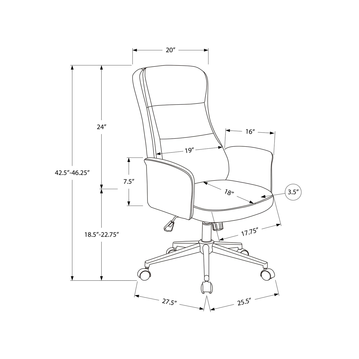 Contemporary Black Leather-Look Office Chair with Adjustable Height, Ergonomic Design, Chrome Base, and Padded Armrests - Gra