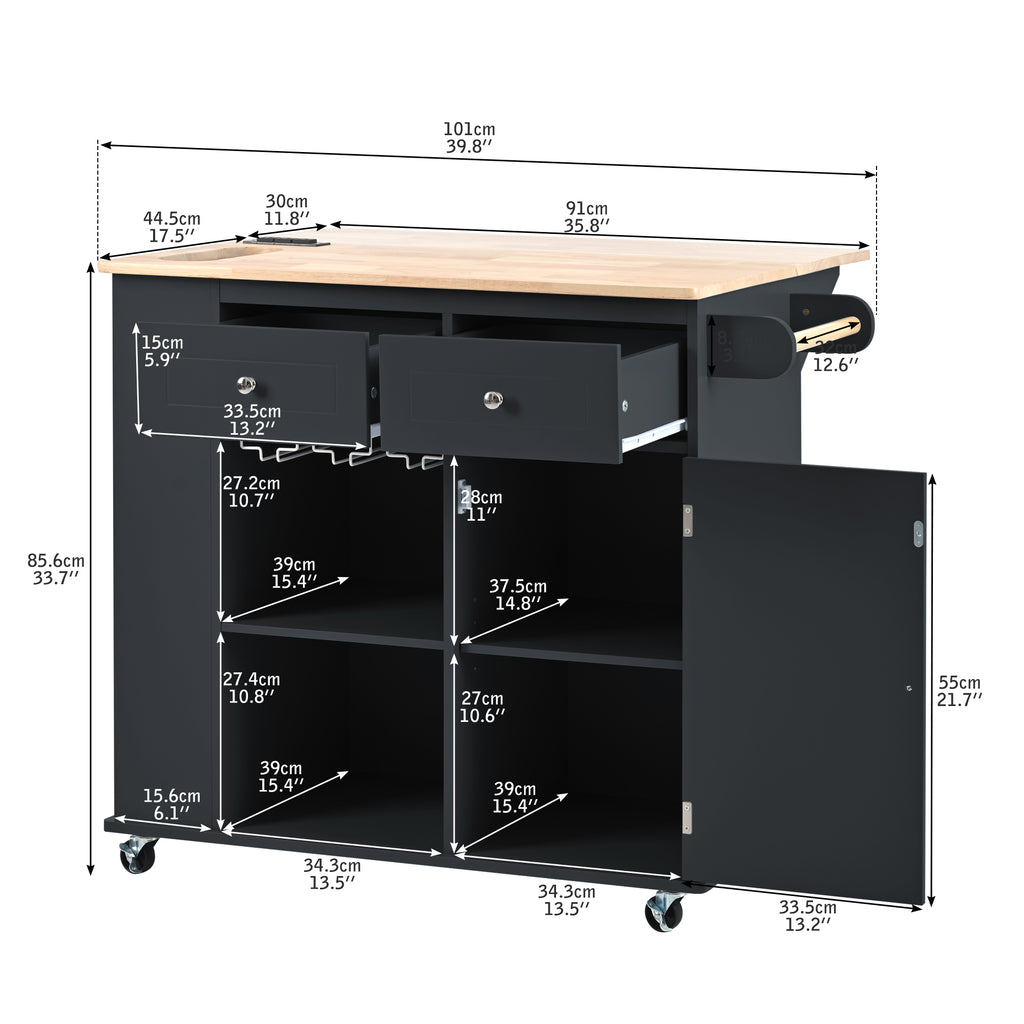 Kitchen Island with Power Outlet,Kitchen Storage Island with Drop Leaf and Rubber Wood,Open Storage and Wine Rack,5 Wheels,with Adjustable Storage for Home, Kitchen, and Dining Room, Black - Grand Goldman Shop
