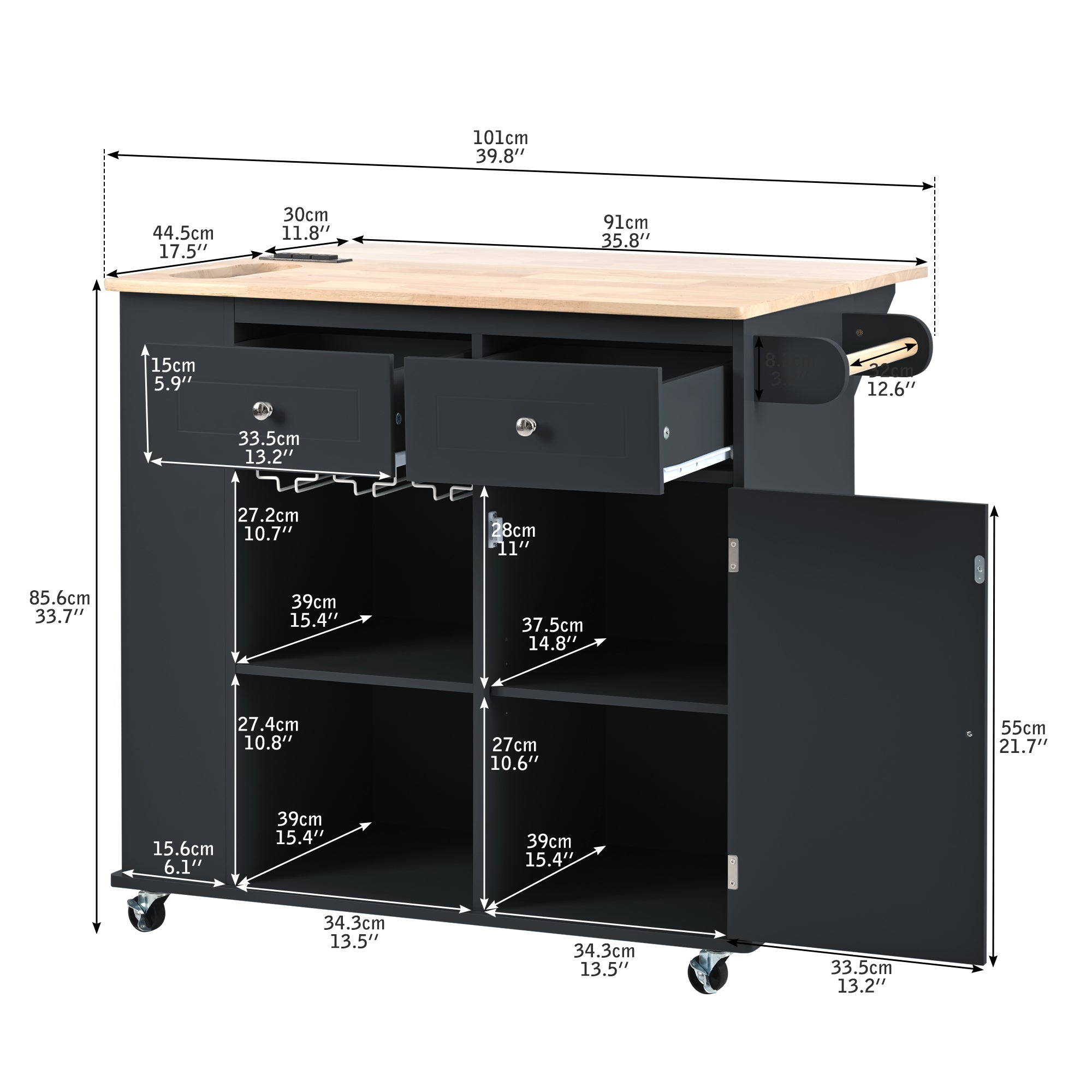 Kitchen Island with Power Outlet,Kitchen Storage Island with Drop Leaf and Rubber Wood,Open Storage and Wine Rack,5 Wheels,with Adjustable Storage for Home, Kitchen, and Dining Room, Black - Grand Goldman Shop