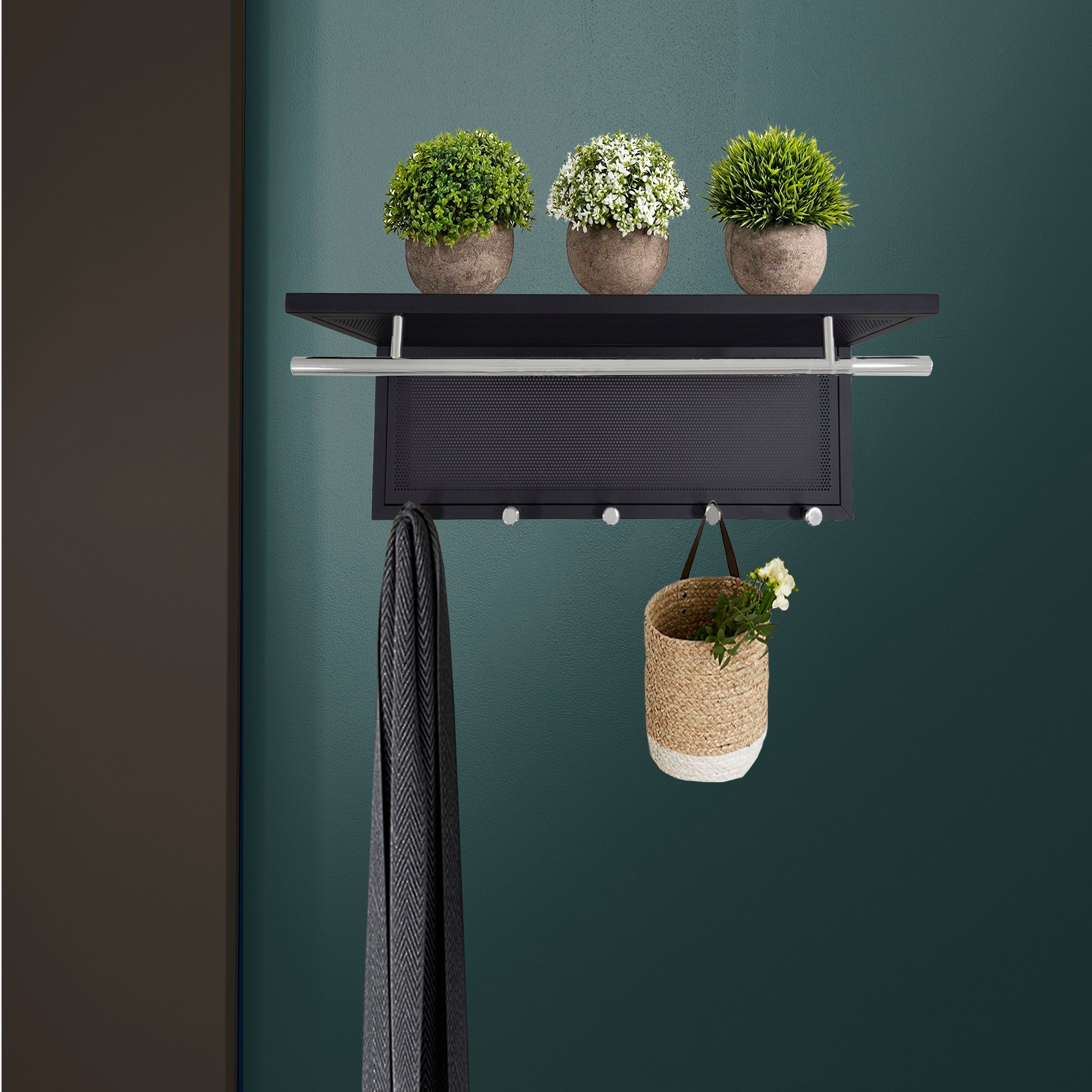 Esyspot Metal Powder Coating Hook Wall Mounted with Shelf Black Chrome Finish 29.53 x 10.34 x 11.81 inches - Grand Goldman Shop