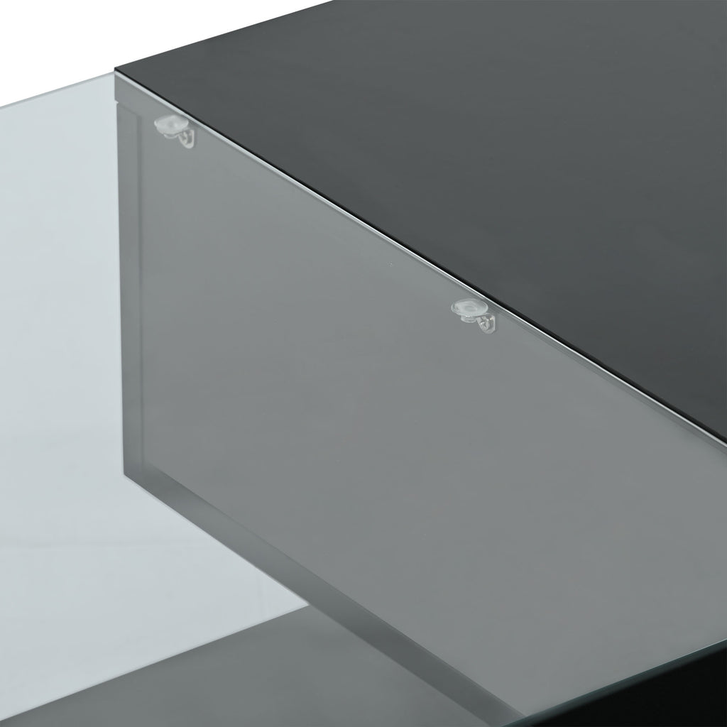 [VIDEO provided] ON-TREND Modern Coffee Table with Tempered Glass, Wooden Cocktail Table with High-gloss UV Surface, Modernist 2-Tier Rectangle Center Table for Living Room, Black - Grand Goldman Shop