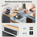 K&K Rolling Kitchen Island With Extended Table, Kitchen Island on Wheels with LED Lights,Power Outlets and 2 Fluted Glass Doors, Kitchen Island with a Storage Compartment and Side 3 Open Shelves, Grey - Grand Goldman Shop