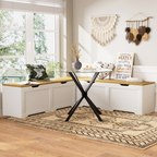 3-Piece L-Shaped Multi-Functional Storage Bench with Cushion, serving as a kitchen corner bench, toy storage box, or reading nook seat., White and Natural, 63'D x 63'W x 19.1'H - Grand Goldman Shop