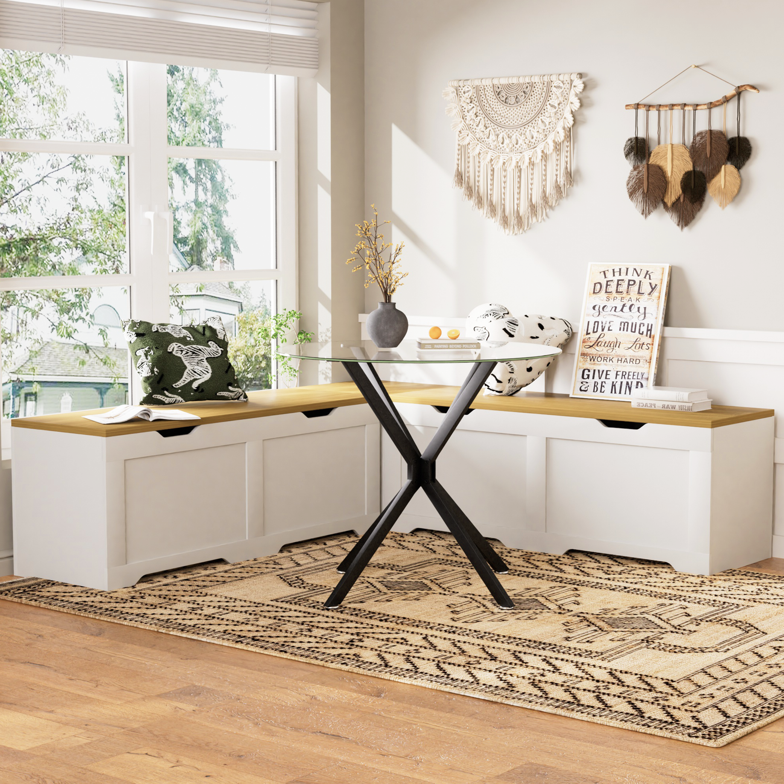 3-Piece L-Shaped Multi-Functional Storage Bench with Cushion, serving as a kitchen corner bench, toy storage box, or reading nook seat., White and Natural, 63'D x 63'W x 19.1'H - Grand Goldman Shop