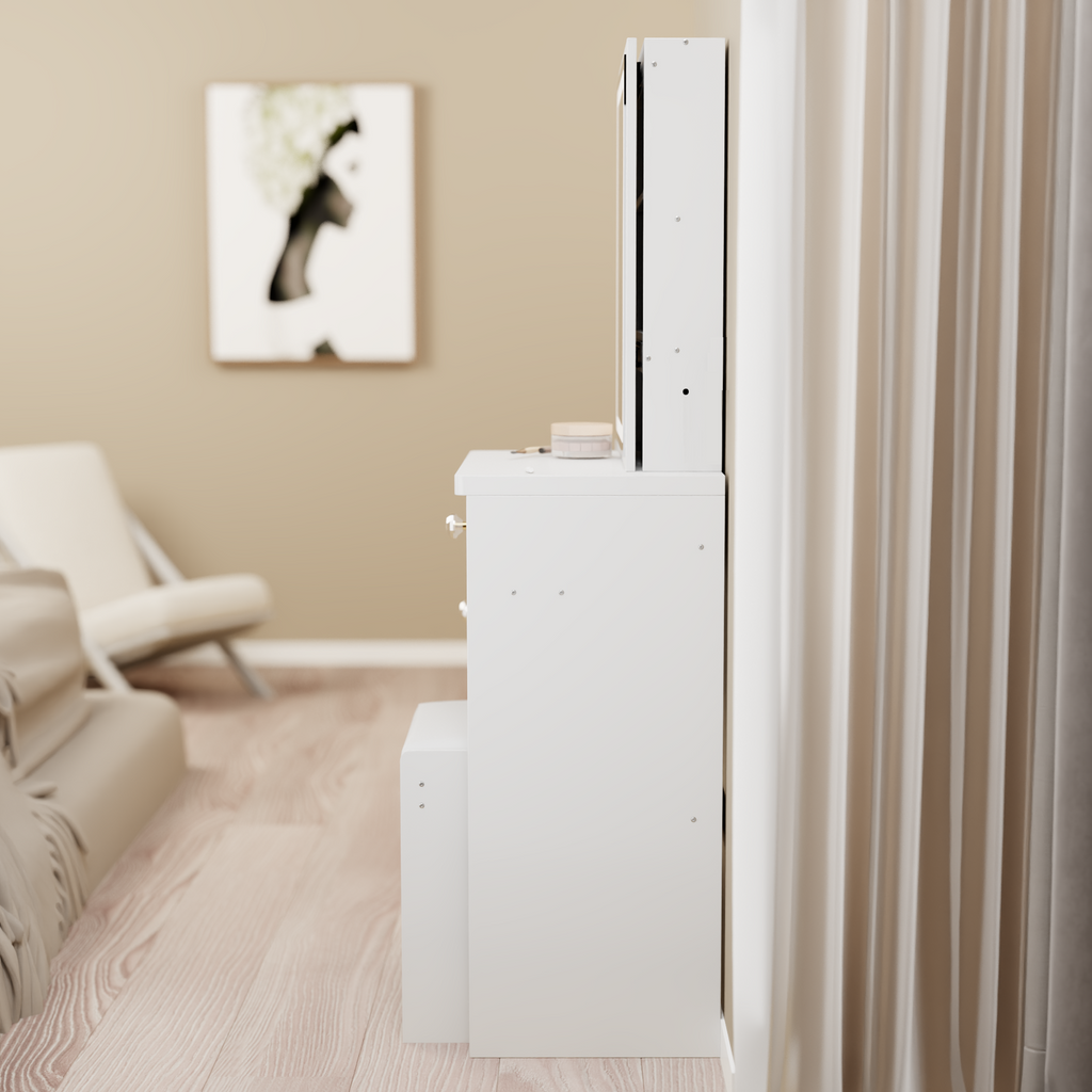 29.2' Small Space Left Bedside Cabinet Vanity Table + Cushioned Stool, Extra Large Right sliding mirror, Multi Layer High Capacity Storage, Practical Fashionable Dresser, EPA, GCC, UL Certificate - Grand Goldman Shop