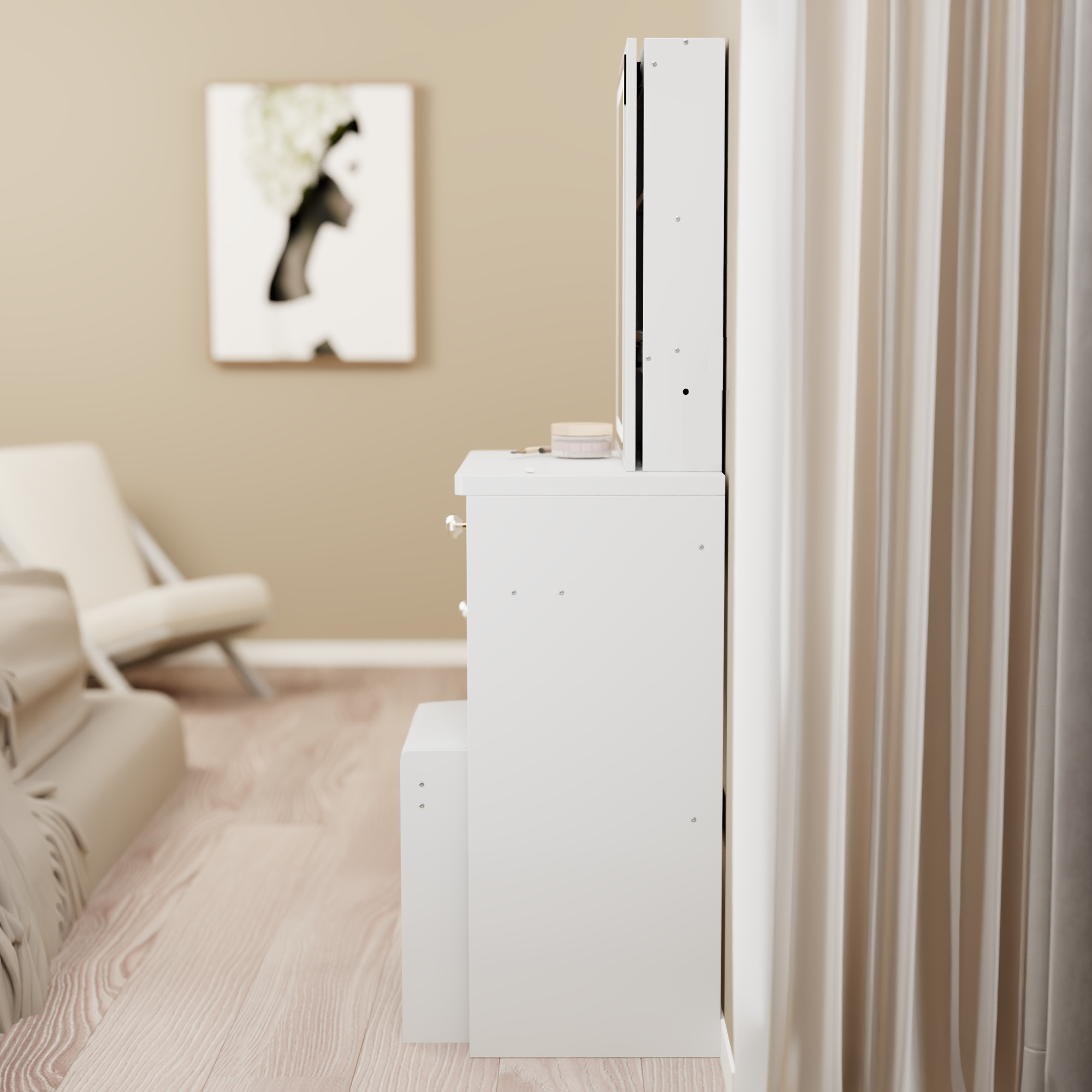 29.2' Small Space Left Bedside Cabinet Vanity Table + Cushioned Stool, Extra Large Right sliding mirror, Multi Layer High Capacity Storage, Practical Fashionable Dresser, EPA, GCC, UL Certificate - Grand Goldman Shop