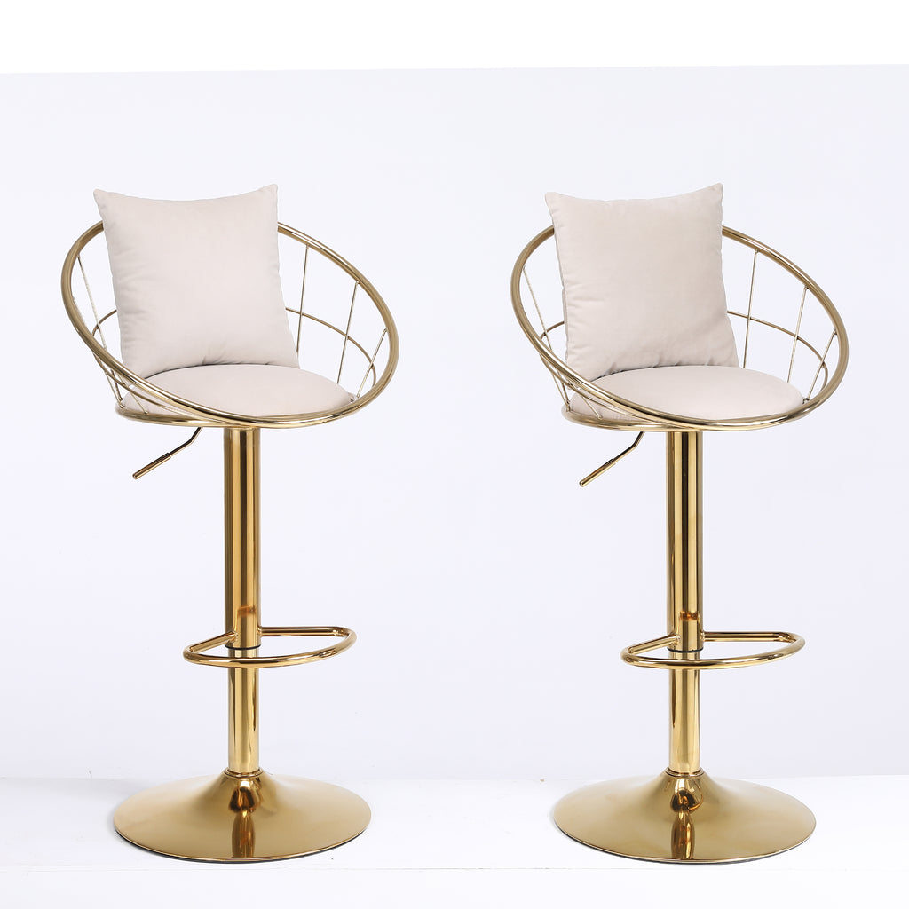 Off-White Velvet Bar Chair, Pure Gold Plated, Unique Design, 360-Degree Rotation, Adjustable Height, Suitable for Dining Room and Bar, Set of 2 - Grand Goldman Shop