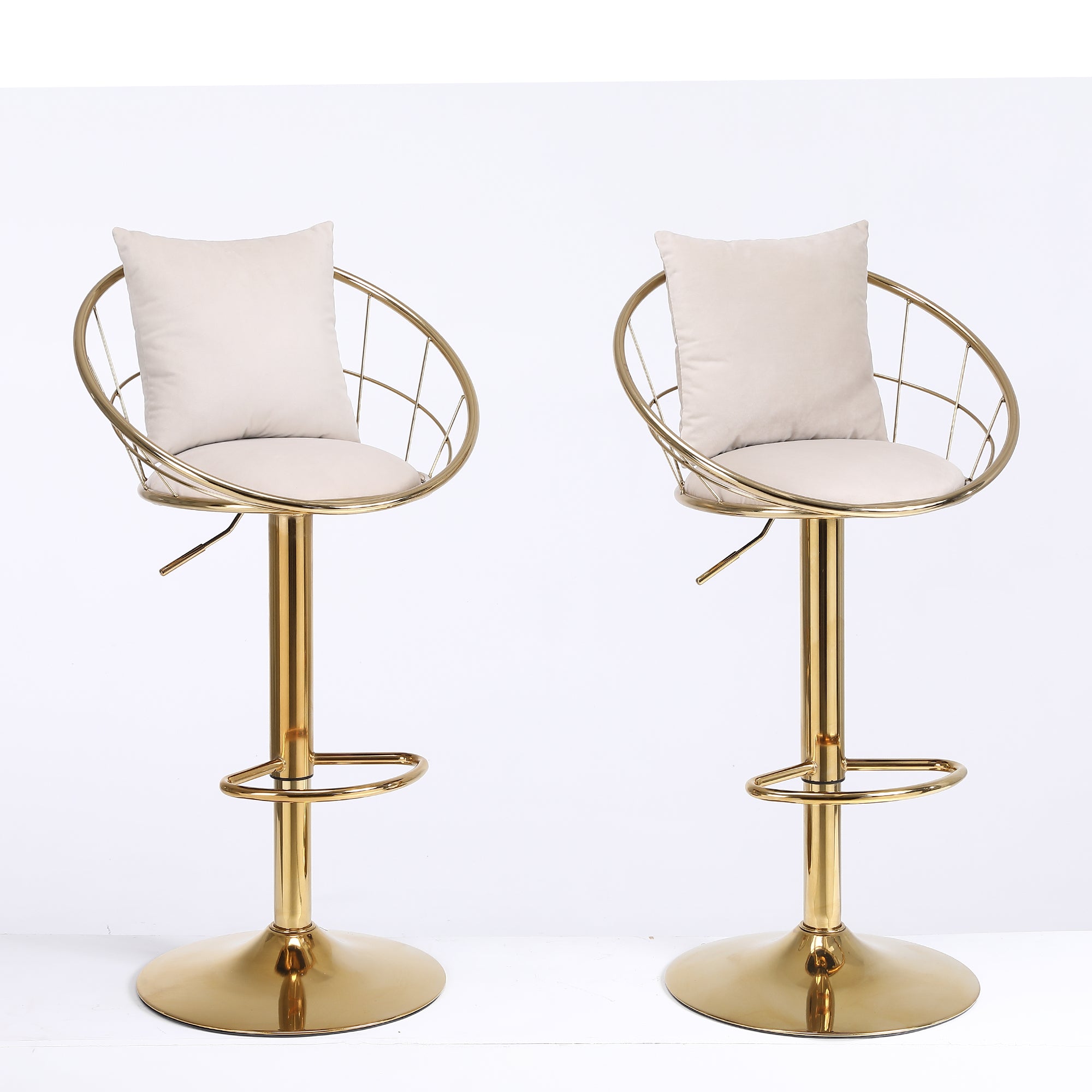 Off-White Velvet Bar Chair, Pure Gold Plated, Unique Design, 360-Degree Rotation, Adjustable Height, Suitable for Dining Room and Bar, Set of 2 - Grand Goldman Shop