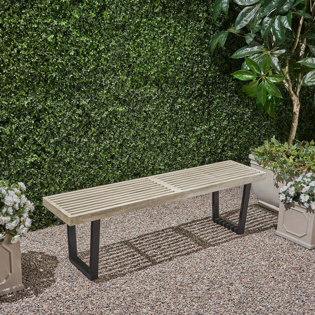 Intrinsic Outdoor Dining Bench with Iron Legs and Slat Top, Black+ Gray - Grand Goldman Shop