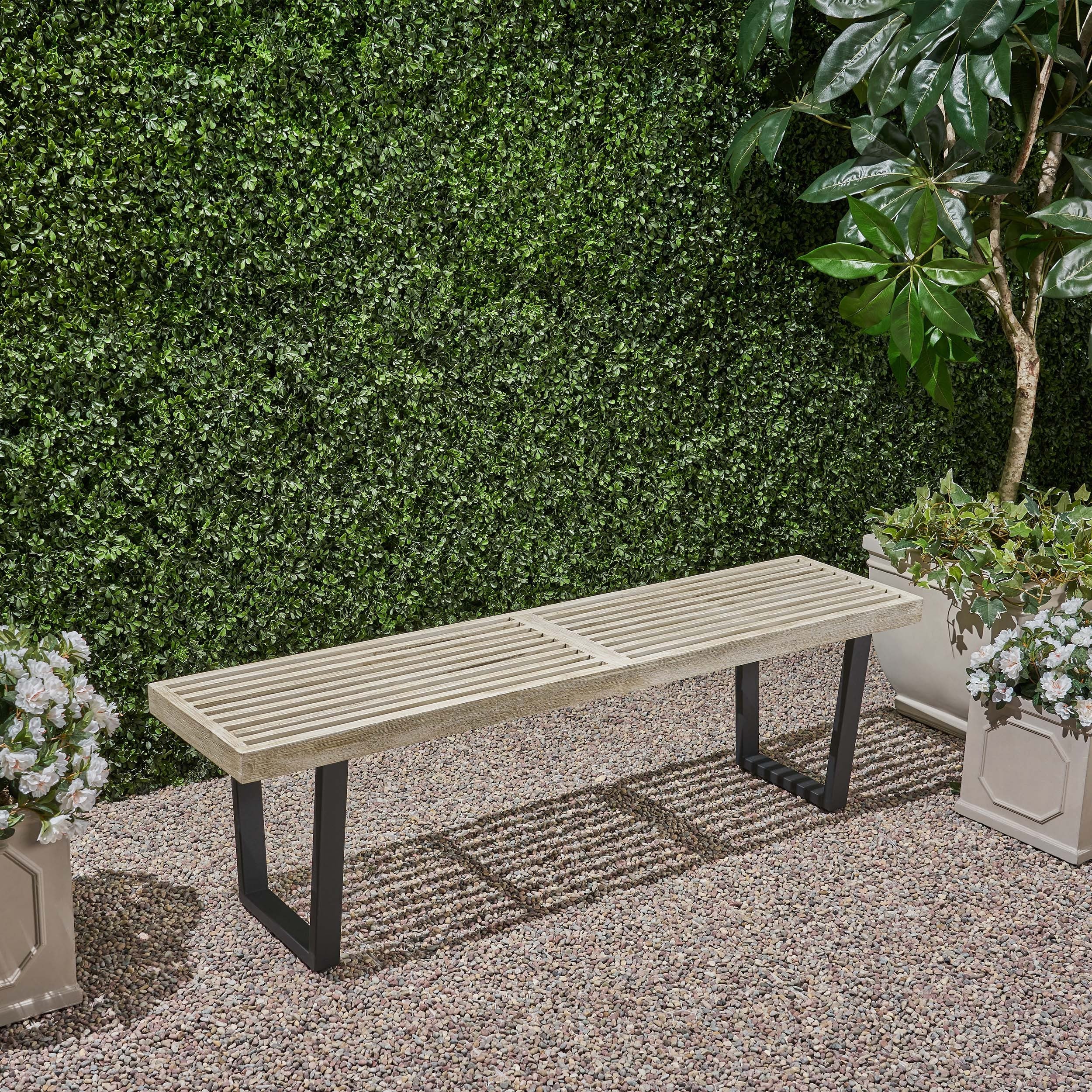 Intrinsic Outdoor Dining Bench with Iron Legs and Slat Top, Black+ Gray - Grand Goldman Shop