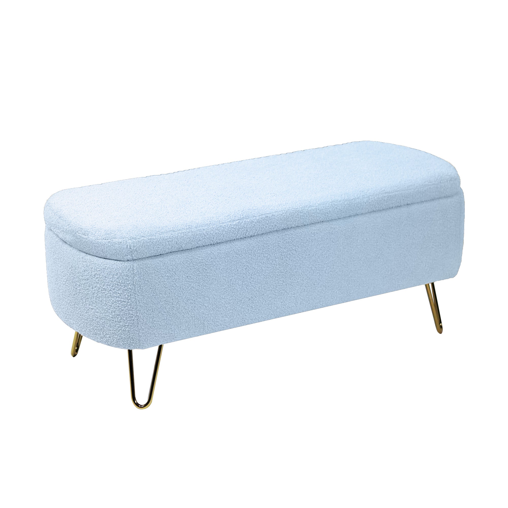 Blue Storage Ottoman Bench for End of Bed Gold Legs, Modern Grey Faux Fur Entryway Bench Upholstered Padded with Storage for Living Room Bedroom - Grand Goldman Shop