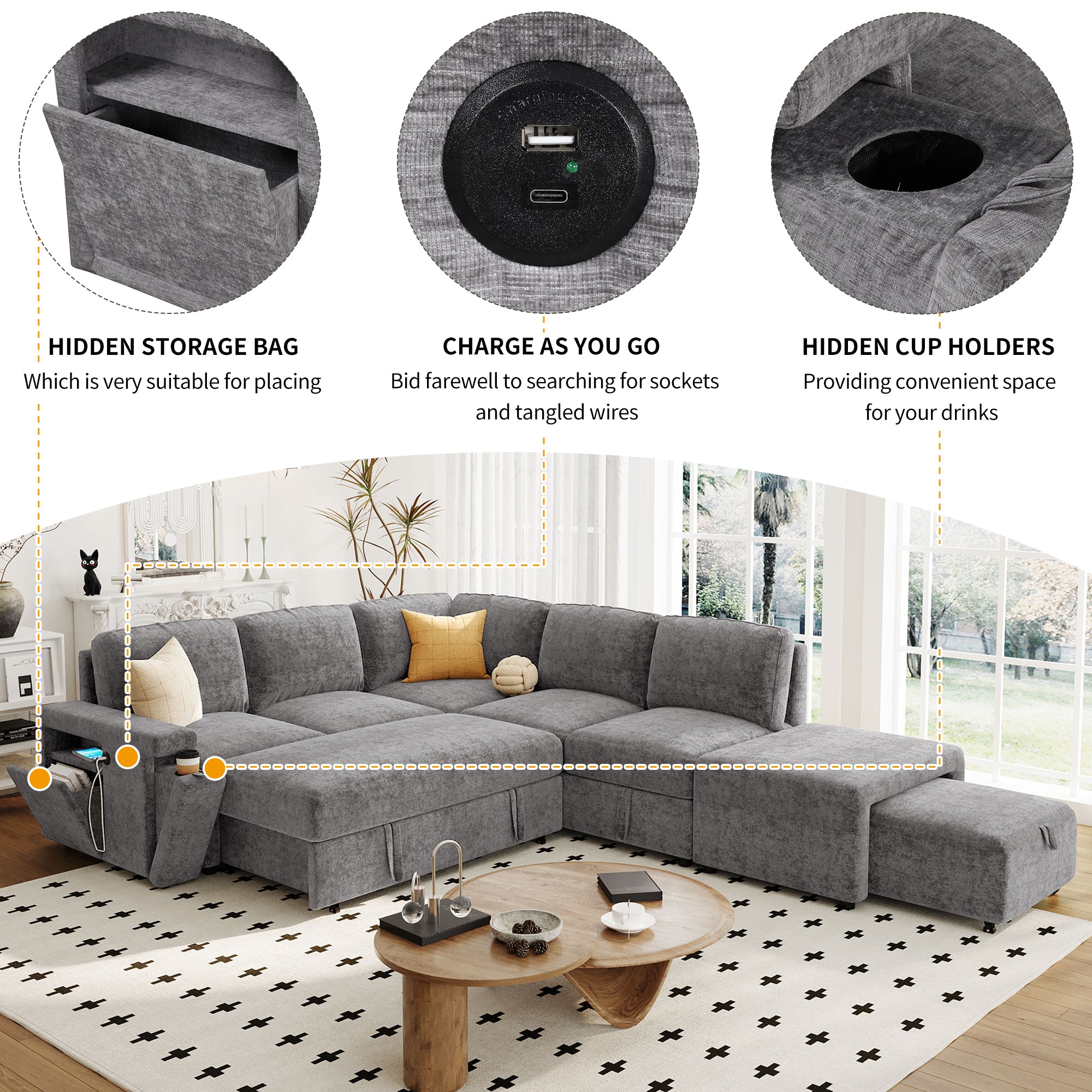 U_STYLE L-shaped Pull-Out Sofa Bed with Storage, USB Ports, and Cup Holders, Modular Design for Living Rooms, Offices & Apartments - Grand Goldman Shop