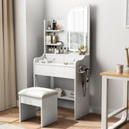 Modern Vanity Desk with Adjustable LED Lights, Mirror, Hair Dryer Holder & Chair in White MDF, 3-Drawer Storage Set - Grand Goldman Shop