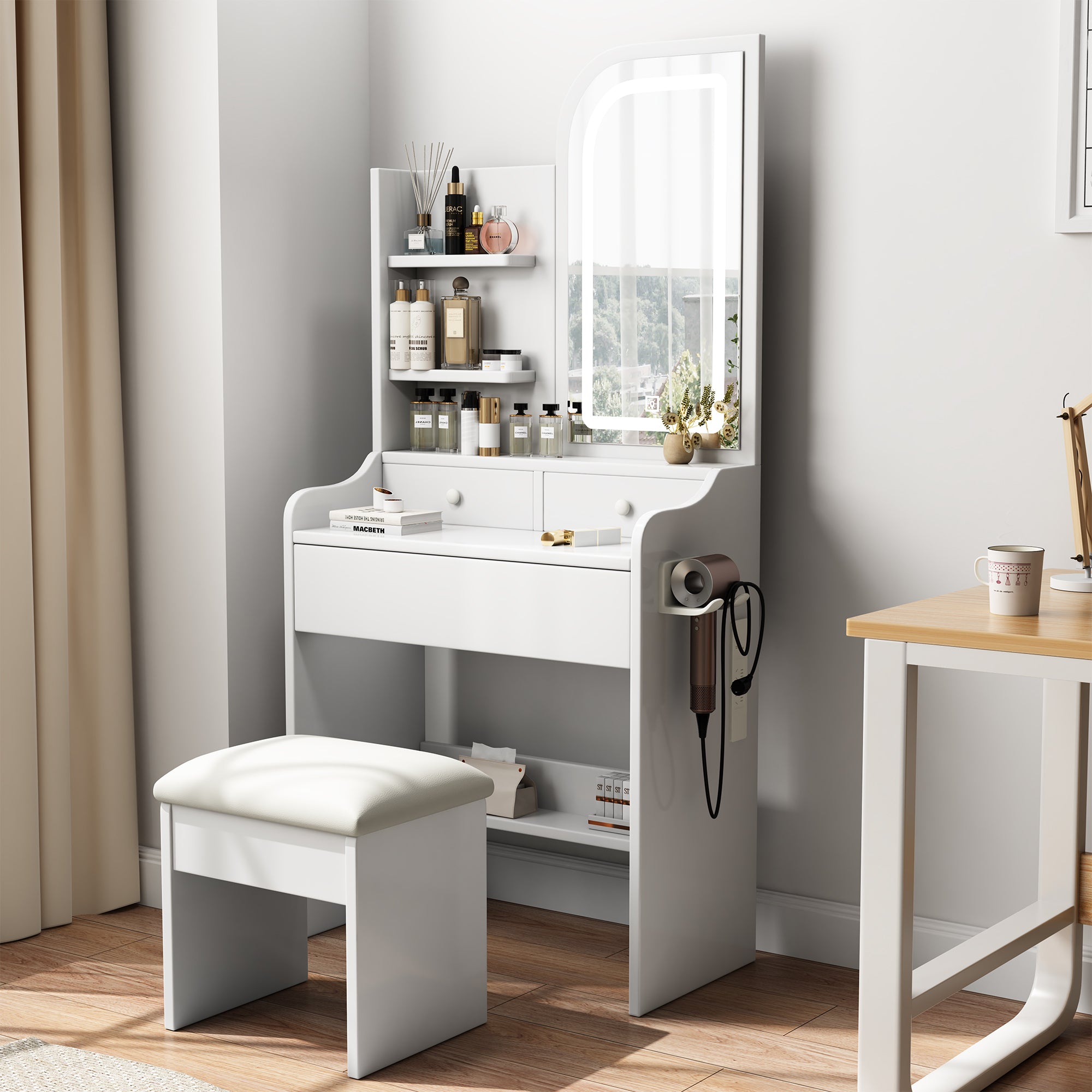 Modern Vanity Desk with Adjustable LED Lights, Mirror, Hair Dryer Holder & Chair in White MDF, 3-Drawer Storage Set - Grand Goldman Shop