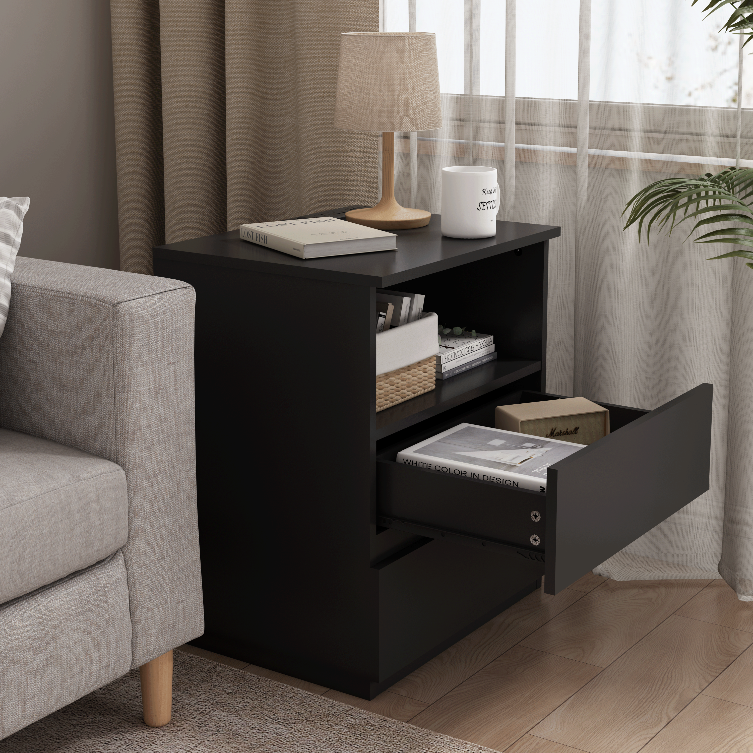 (Set of 2)End Table with Fast USB C Charging Station, Sofa Side Table with 2 Drawers, Large Storage Modern Wood Storage Cabinet for Living Room,Bedroom,Office, Black - Grand Goldman Shop