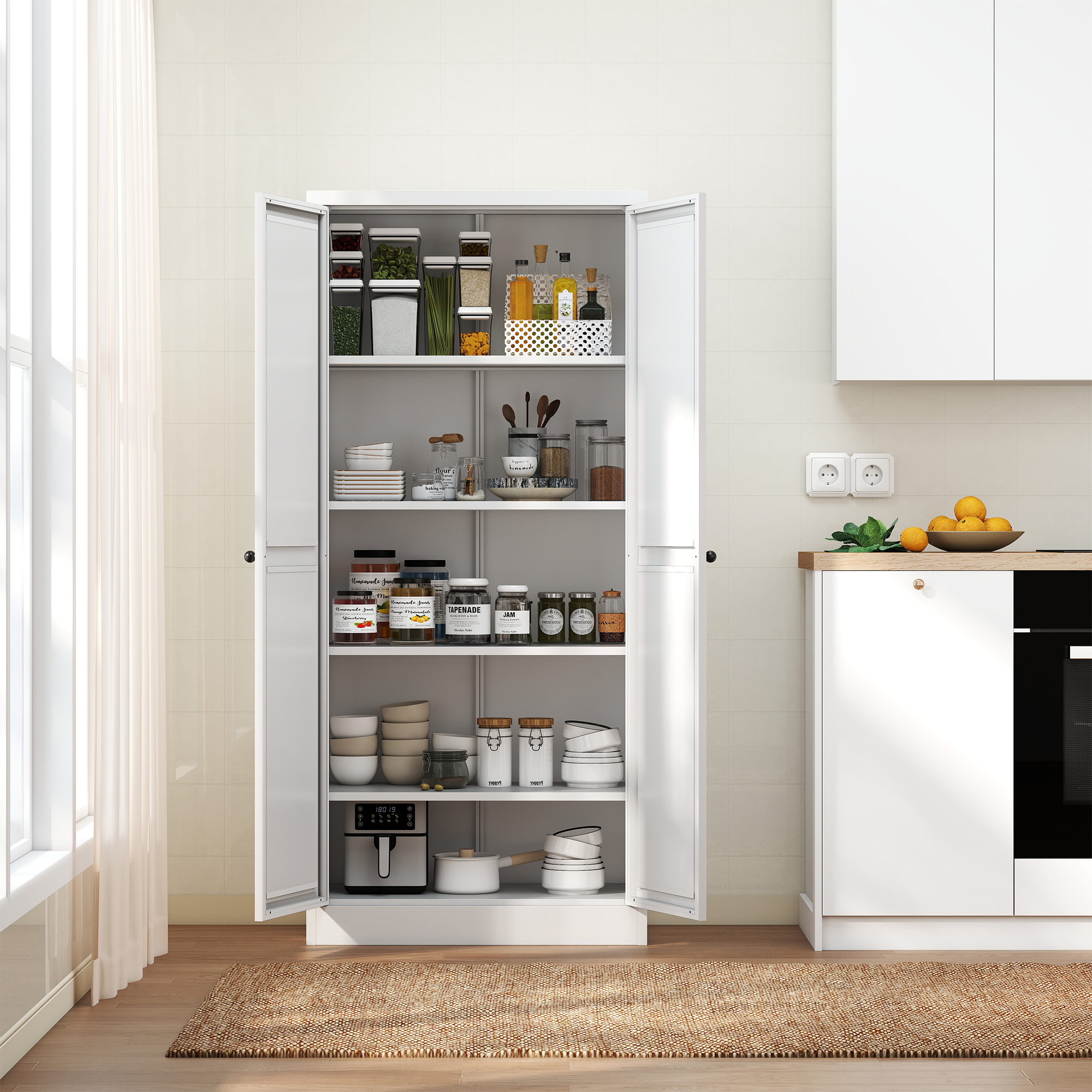 61' White Metal Kitchen Pantry Cabinet with Adjustable Storage and 4 Heavy Duty Shelves - Grand Goldman Shop