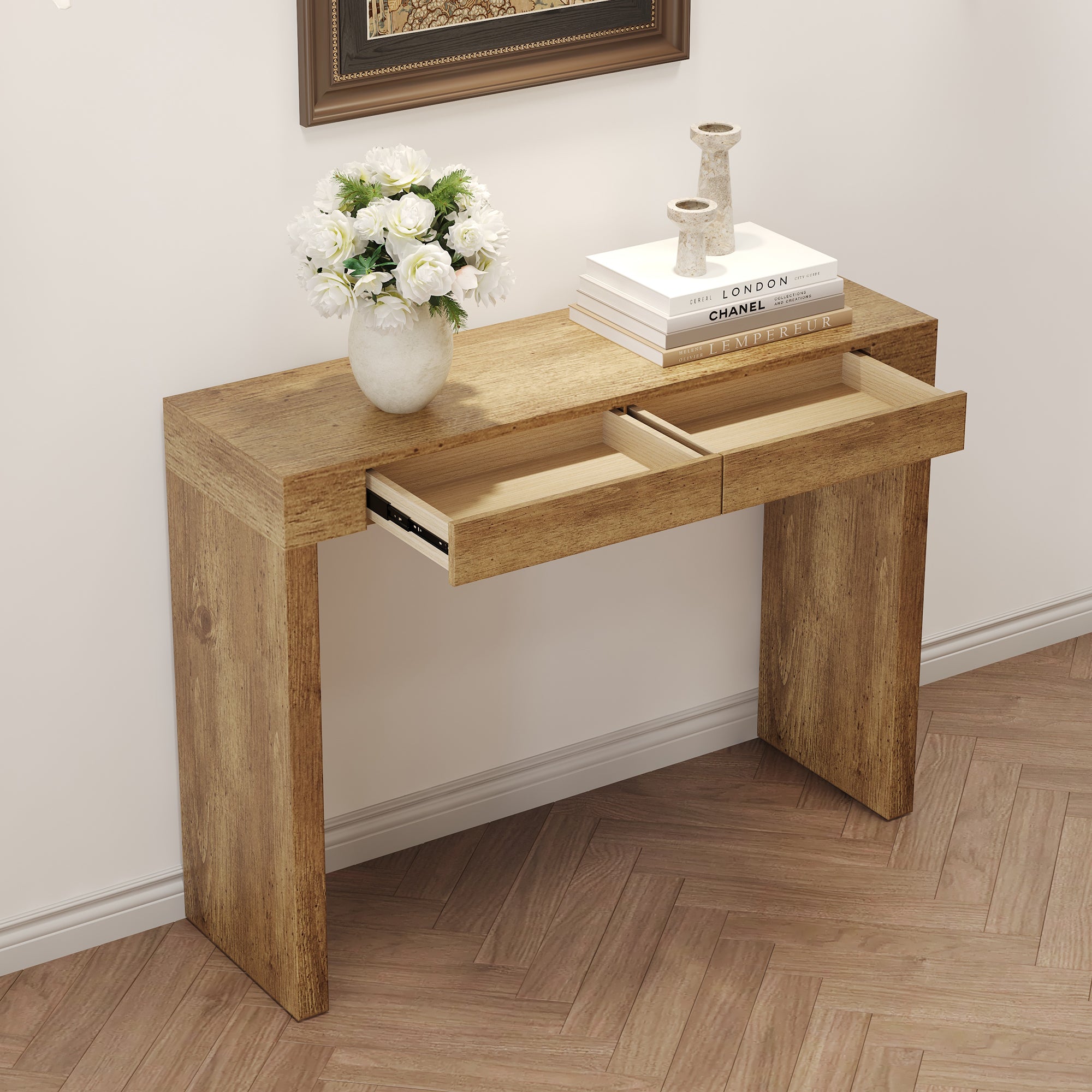 Elegant Natural Wood Grain Bar Table-50 Inches Long, a Practical Choice for Modern Homes.Wood Grain Texture Sticker,Equipped With Two Drawers.Serving As A Bar Table Or A Desk. - Grand Goldman Shop