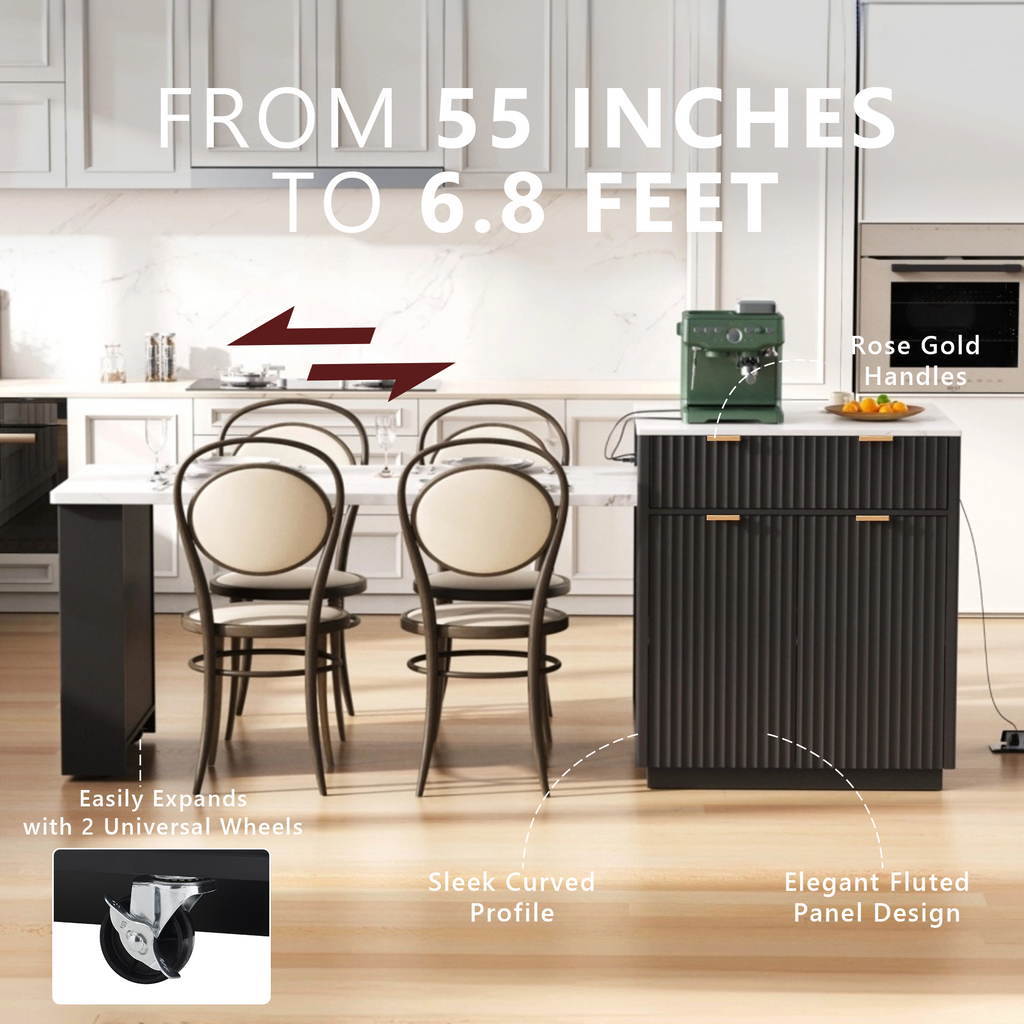 K&K 82.6' Fluted Kitchen Island with Extendable Dining Table for 4-6, Island Table for Kitchen with Power Outlet, Kitchen Table with Double-Side Storage, 2 Drawers 2 Side Open Shelves, Black - Grand Goldman Shop