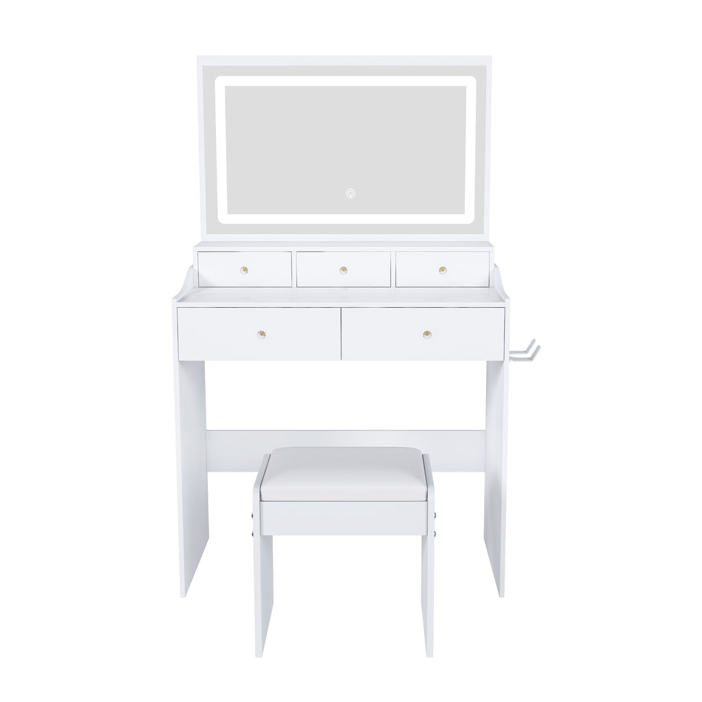 Modern White Vanity Desk with Large Mirror, Power Outlet & Hair Dryer Holder, Adjustable Lighting, 5 Drawers - Grand Goldman Shop