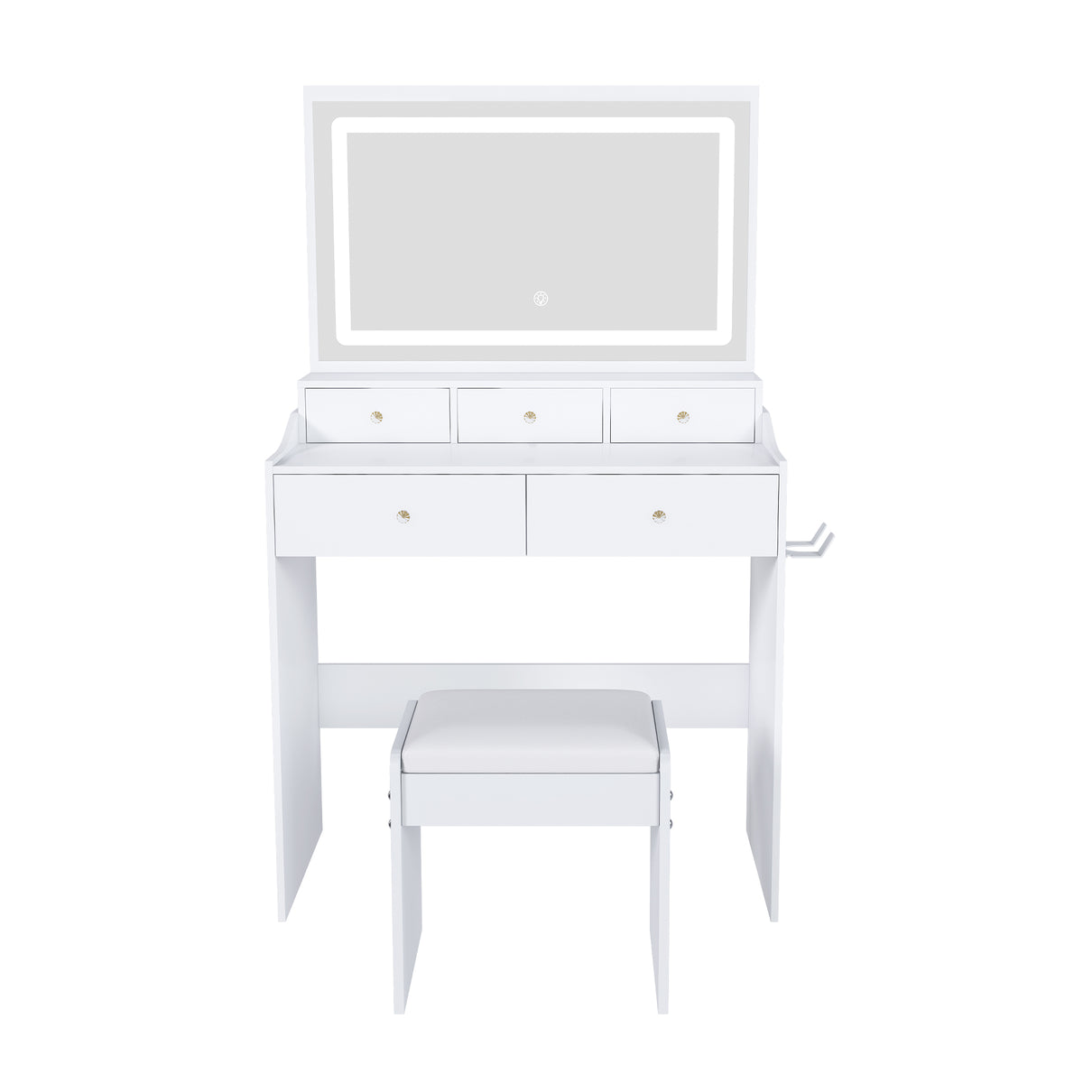 Modern White Vanity Desk with Large Mirror, Power Outlet & Hair Dryer Holder, Adjustable Lighting, 5 Drawers - Grand Goldman Shop