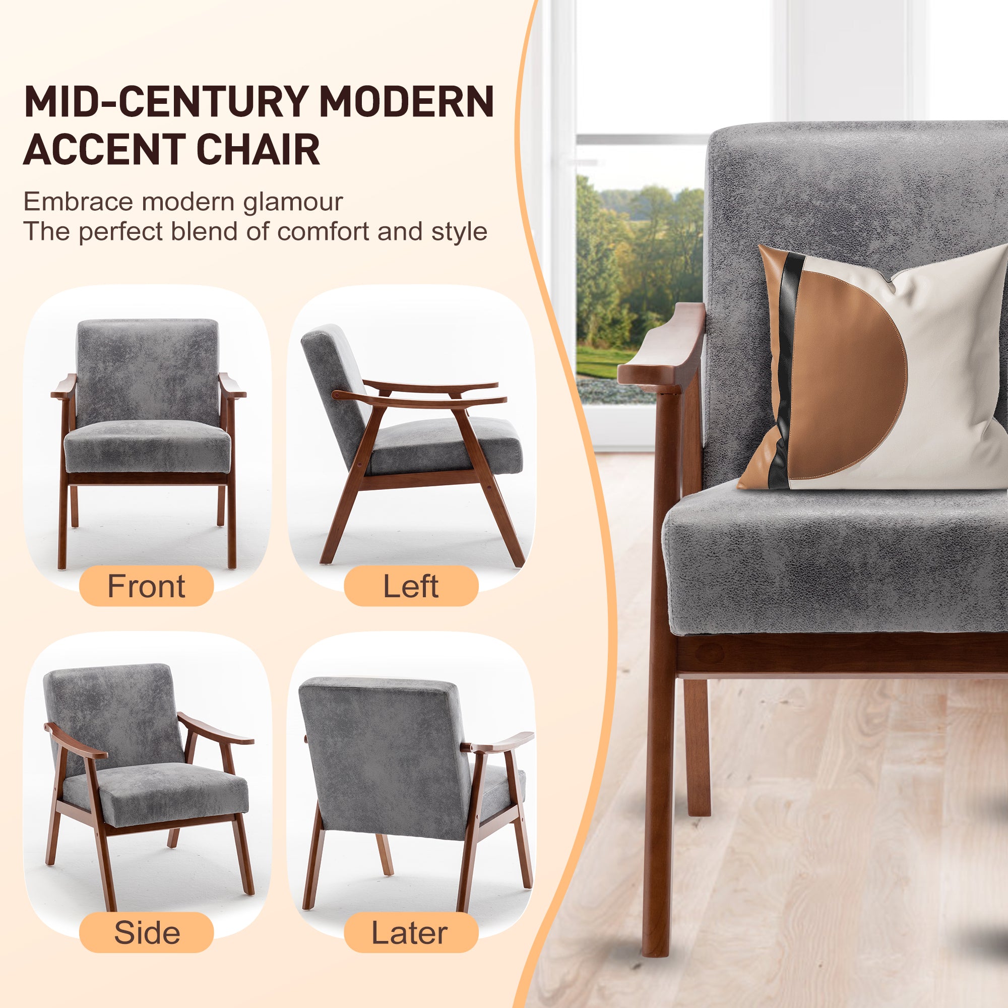 Mid-Century Modern Wingback Accent Chair with Solid Wood Frame and Extra-Thick Backrest – Lounge Chair for Living Room, Bedroom, or Reading Room - Grand Goldman Shop