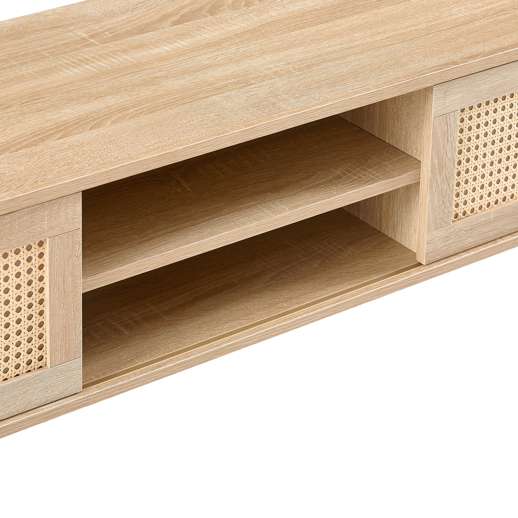 Natural Rattan TV Cabinet with Double Sliding Doors, Adjustable Shelf, Solid Wood Legs, 55.12 Inches - Grand Goldman Shop