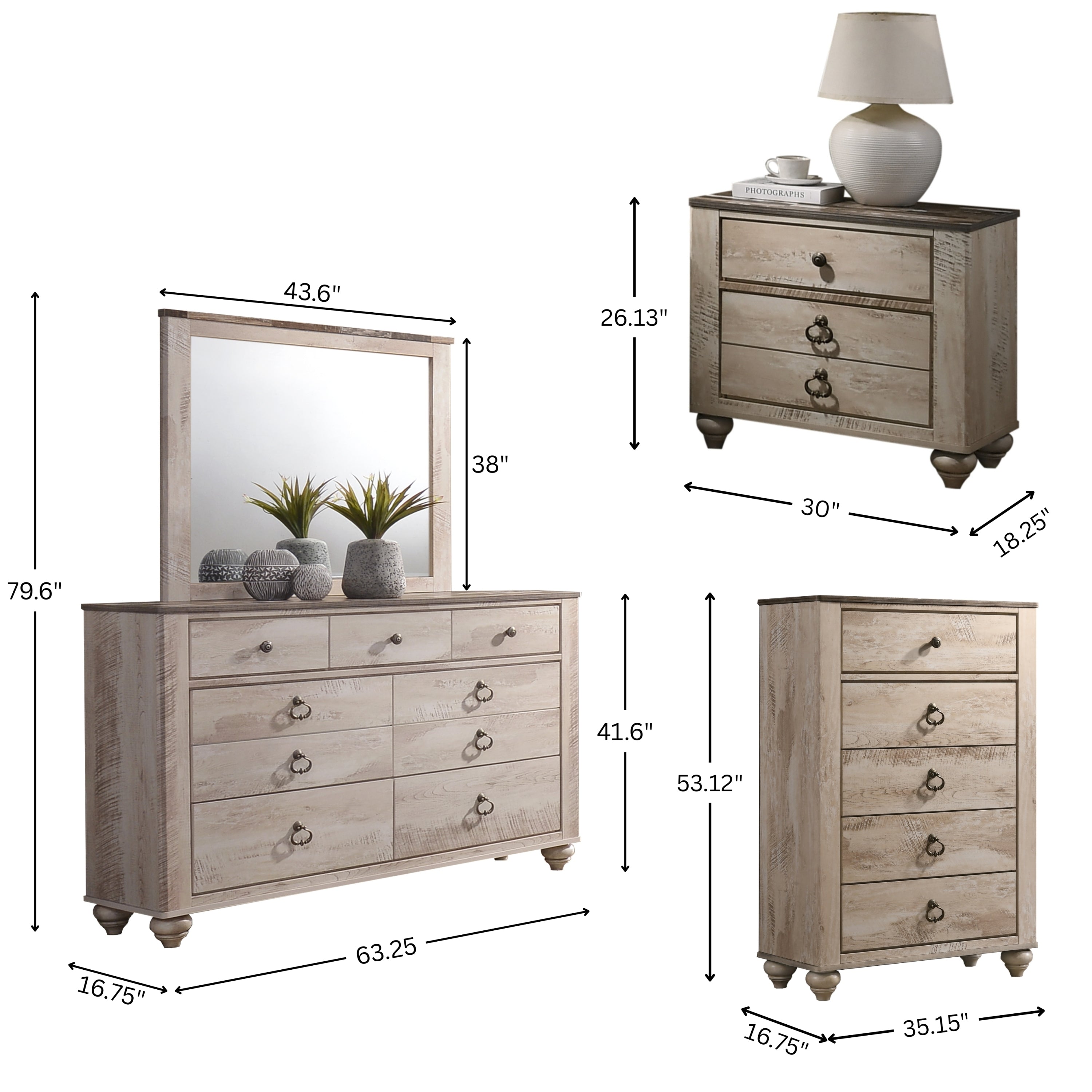 Imerland Contemporary White Wash Finish Bedroom Set, Queen Bed, Dresser, Mirror, Nightstand, Chest - Grand Goldman Shop