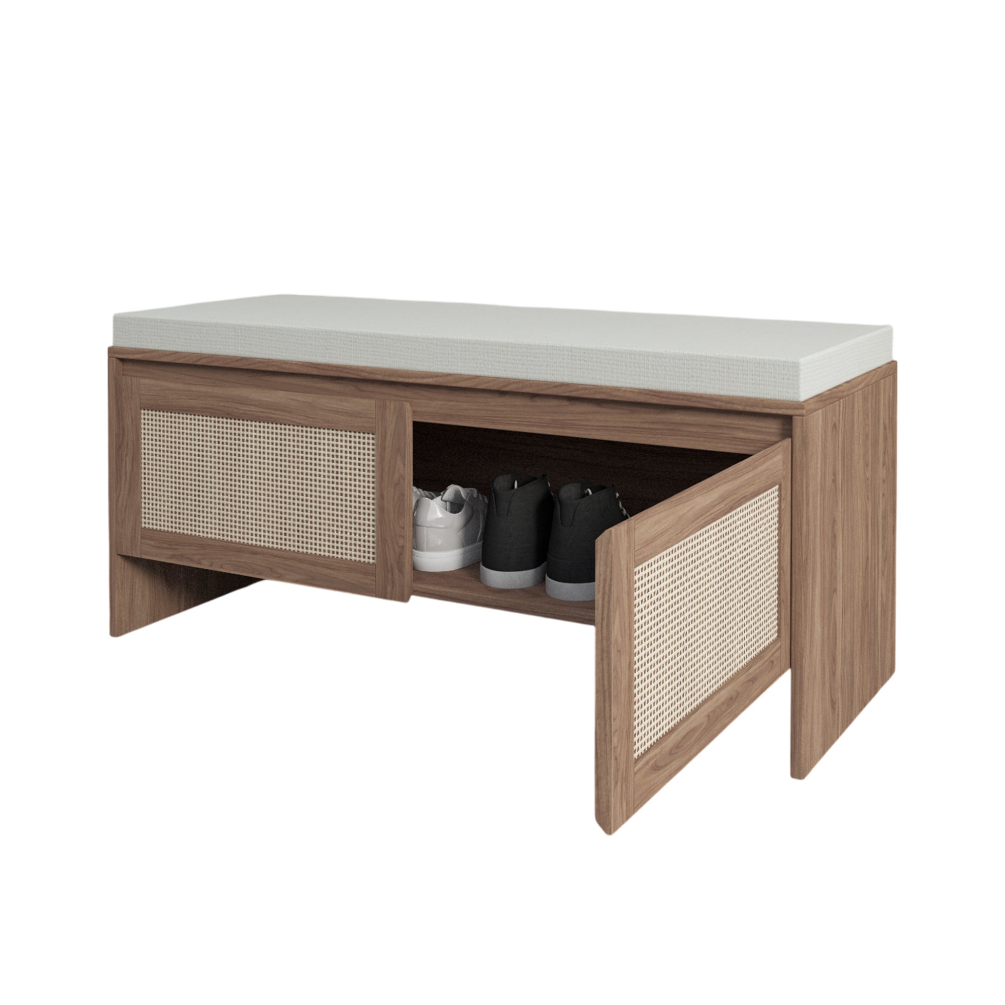 Mid-Century Modern PP Rattan Storage Bench with Cushion, Faux Rattan Shoe Cabinet with 2 Doors, Natural Finish, Wood and Rattan Construction, 39.4 x 15.75 x 17.72 inches - Grand Goldman Shop