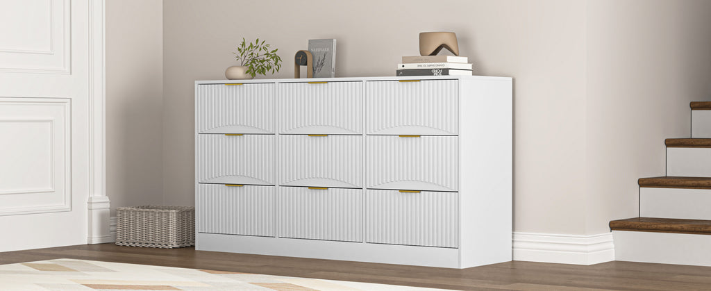 White 9 Drawer Dresser, 63' Large Deep Chest of Drawers, Wooden Dresser Storage Cabinet with 9 Drawers for Bedroom, Long Dressers for Living Room, Hallway, Drawer panel with wavy patterns - Grand Goldman Shop