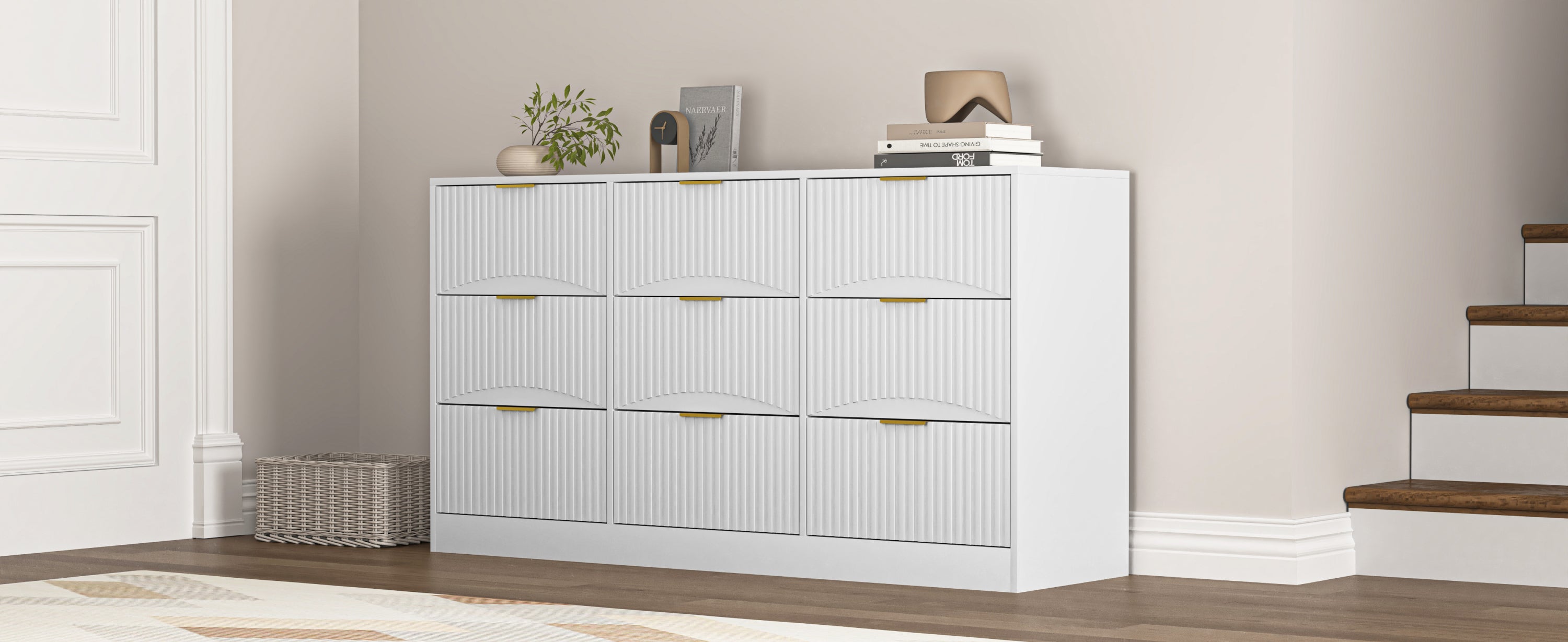 White 9 Drawer Dresser, 63' Large Deep Chest of Drawers, Wooden Dresser Storage Cabinet with 9 Drawers for Bedroom, Long Dressers for Living Room, Hallway, Drawer panel with wavy patterns - Grand Goldman Shop