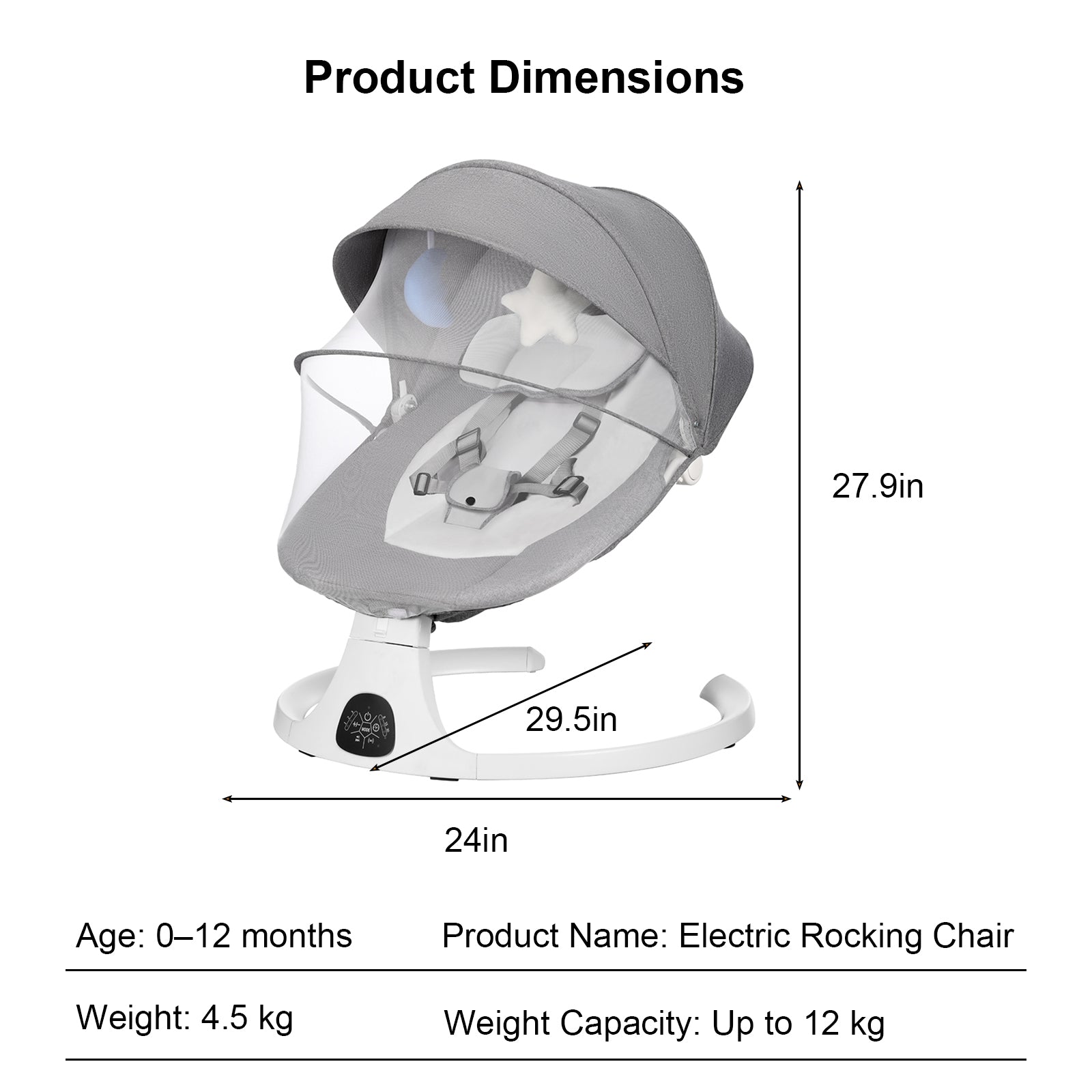 Baby Swing Infant Swing Electric Toddler Baby Rocker Portable for Newborn Boy Girl, 5 Natural Motion Speeds with Remote Contr